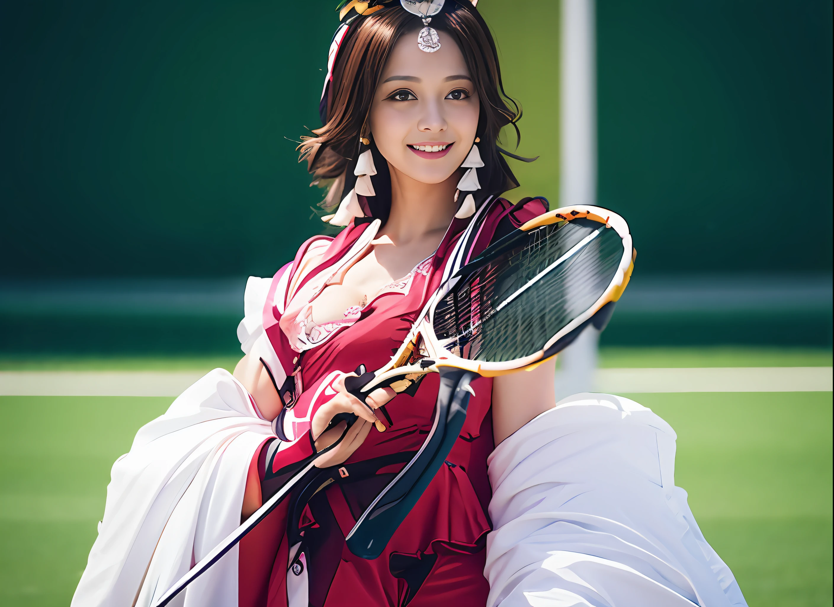 a smile、Close up portrait of costumed woman holding tennis racket,