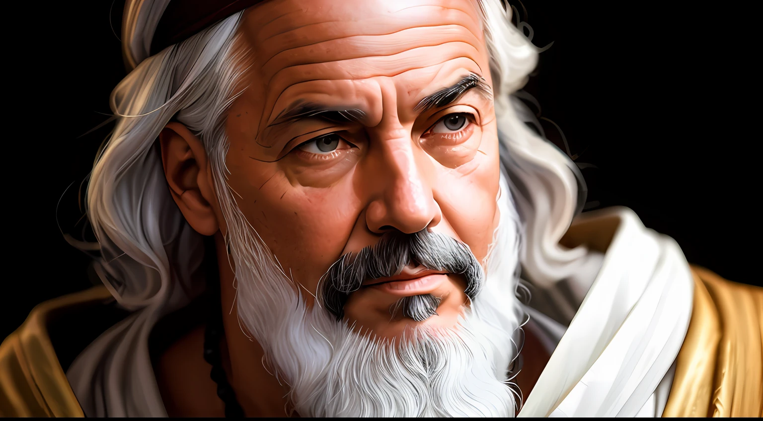 A portrait of the philosopher Socrates, barbudo, envelhecido, com olhos penetrantes, rosto detalhado, detalhes altos, fotografia, studio dark, luz de aro, Nikon D850, 50mm, f/1.4