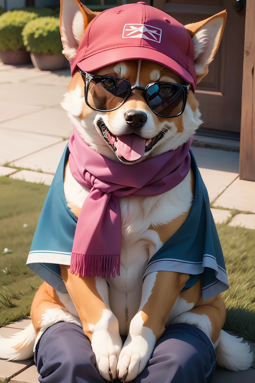 Only one dog。Humans Cut。Scarf with green pattern。No pink scarves。Pink sunglasses with wide rimmes。Blue Pattern Scarf。 Shiba Inu of Japan、Close to the photo、Realistic images in every detail、On the lawn、Seated Pose、Dog smiling with slightly open mouth。Wearing a red baseball cap diagonally over his head。Pink sunglasses with wide rimmes、Blue patterned R scarf