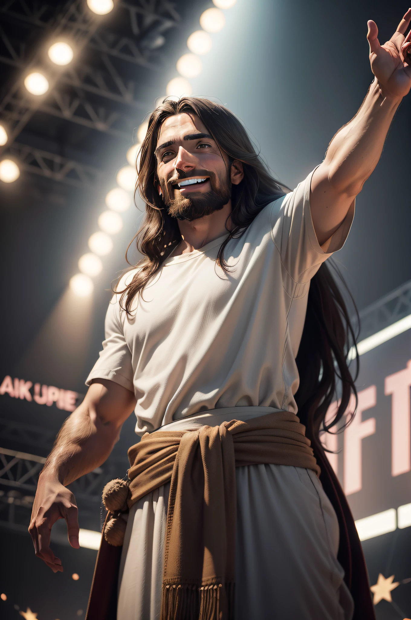 Realistic 4k image of Jesus Christ smiling and talking to the crowd around him to hear words of hope. The crowd is attentive to his words of comfort and try to reach him with their hands