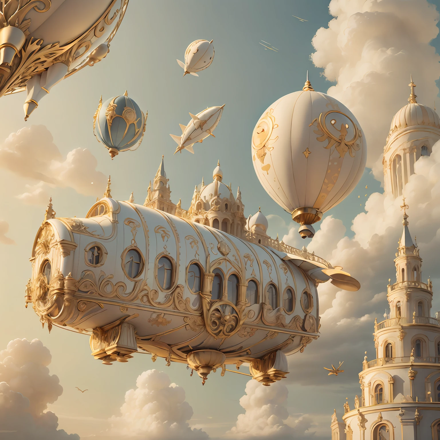 IvoryGoldAI dirigible in skies, flying, car flying in the sky