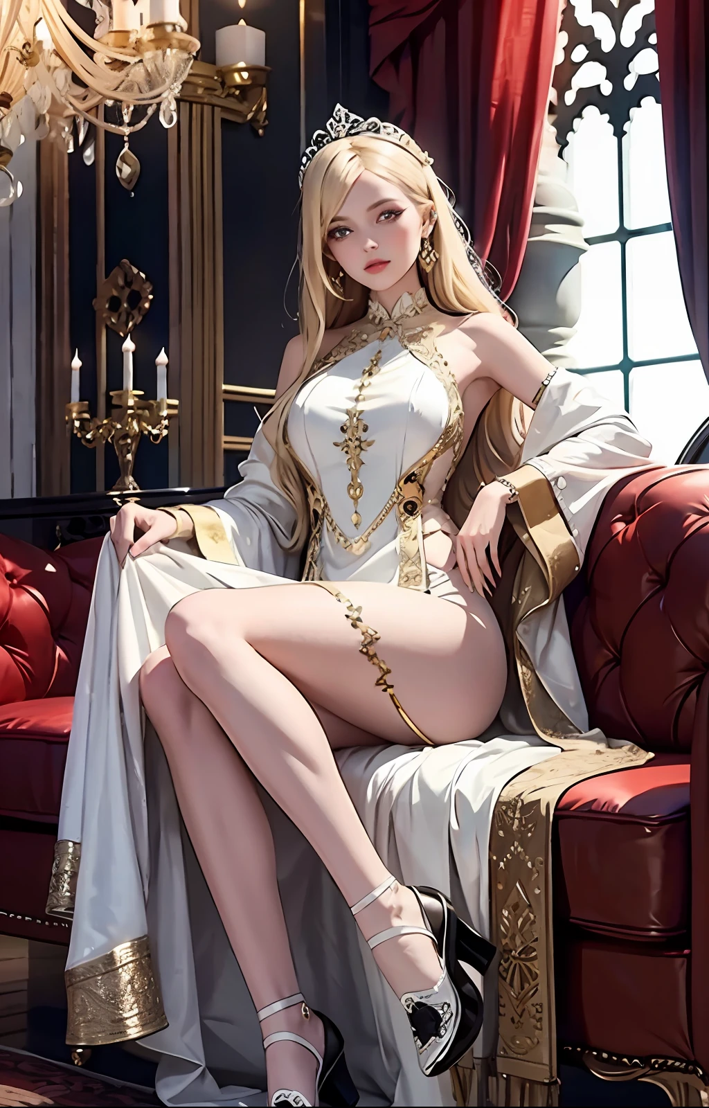 European princess blonde hate long outfit dress converse full body and jewelry super sexy eyes shining in the interior luxury of the gothic castle