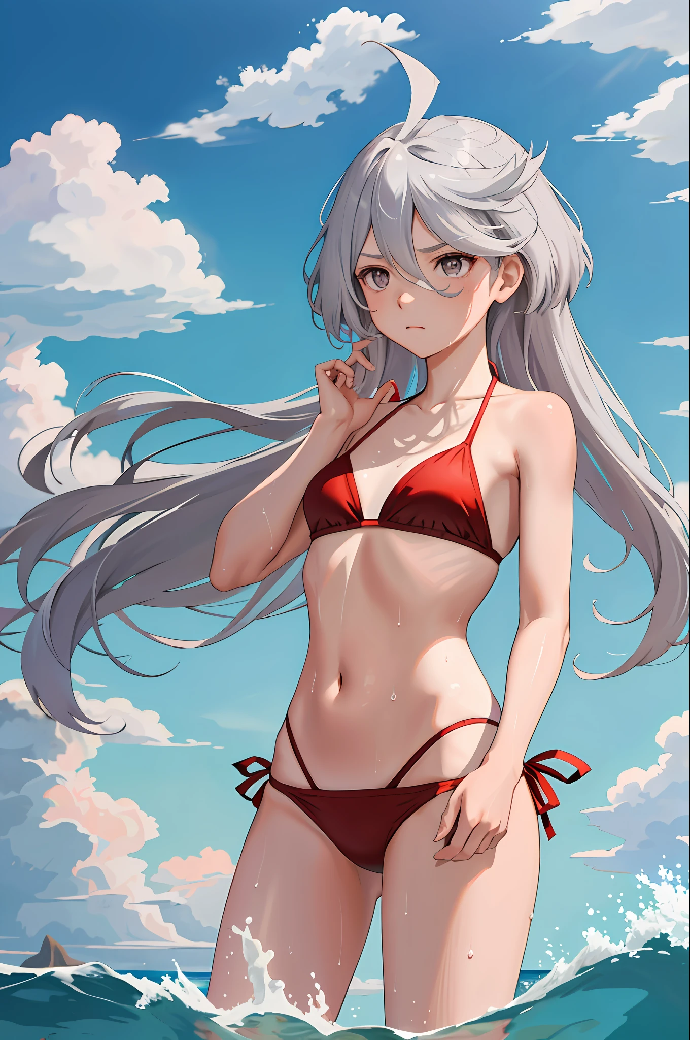 masterpiece, top quality, hi-res, 1 girl, solo, small breasts, long hair, gray eyes, gray hair, ahoge, bangs, hair between the eyes, floating hair, sea, sky, clouds, beach, red bikini, wet, sweat, frown,