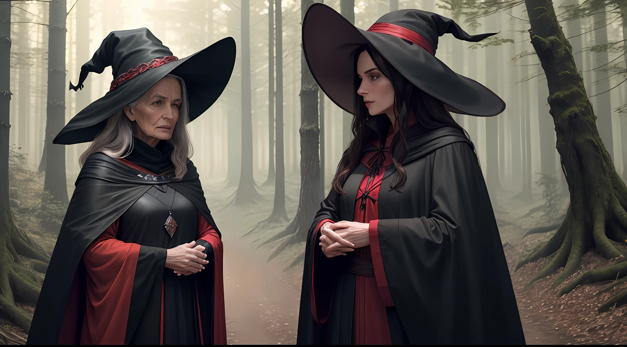 A 70-year-old witch in a black cloak,Talk to a brunette girl in a red cape,A brown wolf runs through the forest, 8K,hyper HD,full bodyesbian,Stand far away,Image quality of the photo