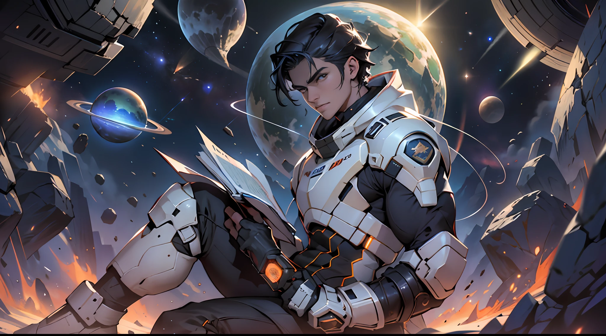 ((Obra maestra, Calidad superior, La mejor calidad, Beauty and Aesthetics: 1.2, 32K, Obra maestra: 1.2)), representa a un chico joven guapo, Sitting on a research platform floating in the middle of the asteroid belt. Estaba estudiando con un cuaderno, surrounded by several asteroids emitting fiery halos. Dramatic lights from distant stars and planets illuminated the scene, proyectando sombras profundas sobre el traje espacial. El joven parece confiado y decidido, Mirando el vasto y misterioso universo con asombro y respeto, Fotos de vaqueros,