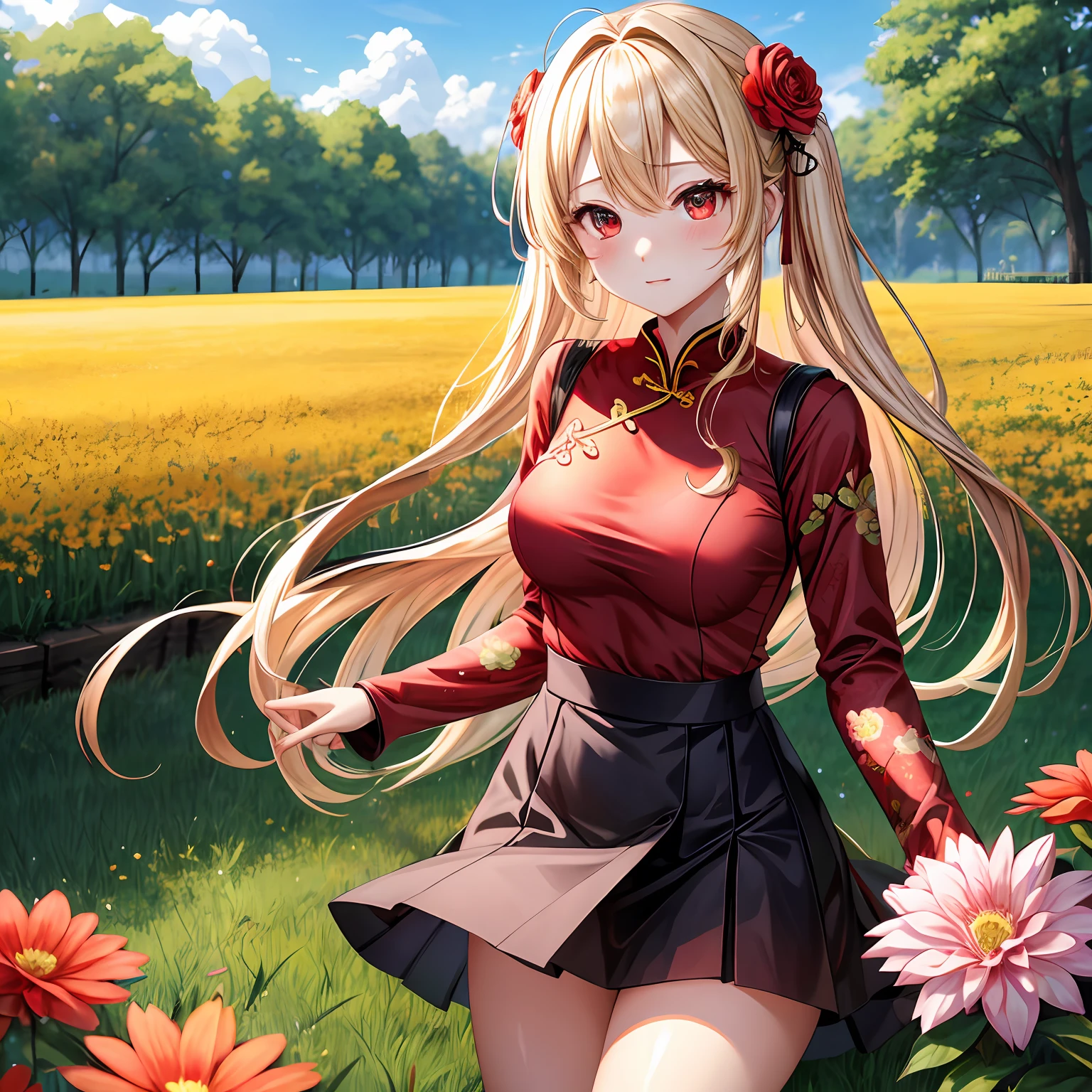 a blond、red eyes、One pretty girl、独奏、animesque、flower  field、red blush、Black cheongsam、a miniskirt