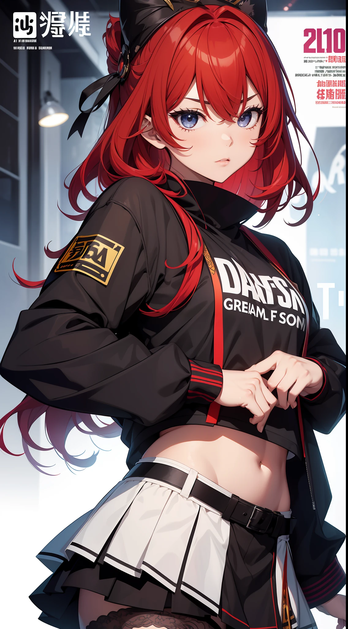 (tmasterpiece、top-quality、A high resolution)、 Kana Arima \(oshinoko\), Full of shyness、red hair、bob hair、A miniskirt、Cheeks of tight skirts、wavy mouth、(((Dramatic)))、(((grittiness)))、(((vehement))))The poster of the film appears as a central character。She is shy in the center of the poster、Wearing an idol costume、Has a determined look。The background is dark and rough、I feel like I'm drunk。Text is bold and eye-catching、Catchy slogans add to the overall drama and excitement。The color palette is dominated by dark colors.、Bright colors dotted、Make your poster dynamic and visually impactful、Tarch-Angstrom(Magazines:1.3)、(Cover-style:1.3)、Fashionab、with a vibrant、garments、lewd poses、frontage、extremely colorful、Dynamic、Background with、element、self-assured、Expressing the、ngel、statement、Attachment、A majestic、CW、enviroment、Touch、The scene、Texting、covers、boldface、grab attention、titles、Fashionab、font、Catchy、titles、Large、grab attention、moderno、 Trendy、concentrating、Stylish、1 girl in
