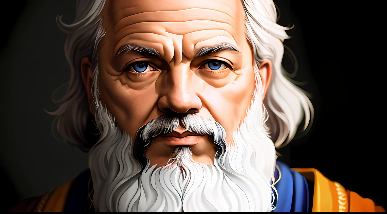 A portrait of the philosopher Socrates, barbudo, envelhecido, com olhos penetrantes, rosto detalhado, detalhes altos, fotografia, studio dark, luz de aro, Nikon D850, 50mm, f/1.4