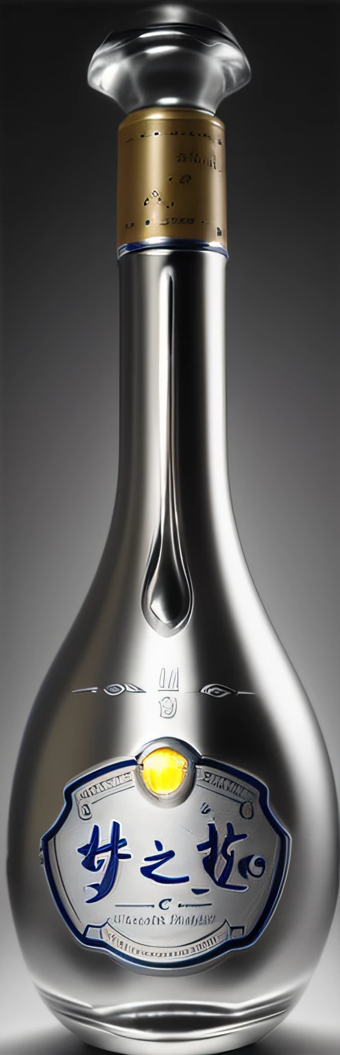 Close-up of a bottle of wine, Silvertone,Liquid metal, detailled image, Lights in the upper left corner, Official product photo, Made of liquid metal, Organic liquid metal, Titanium, natural morning light,fotografia do produto, volumettic light, close-up product photo