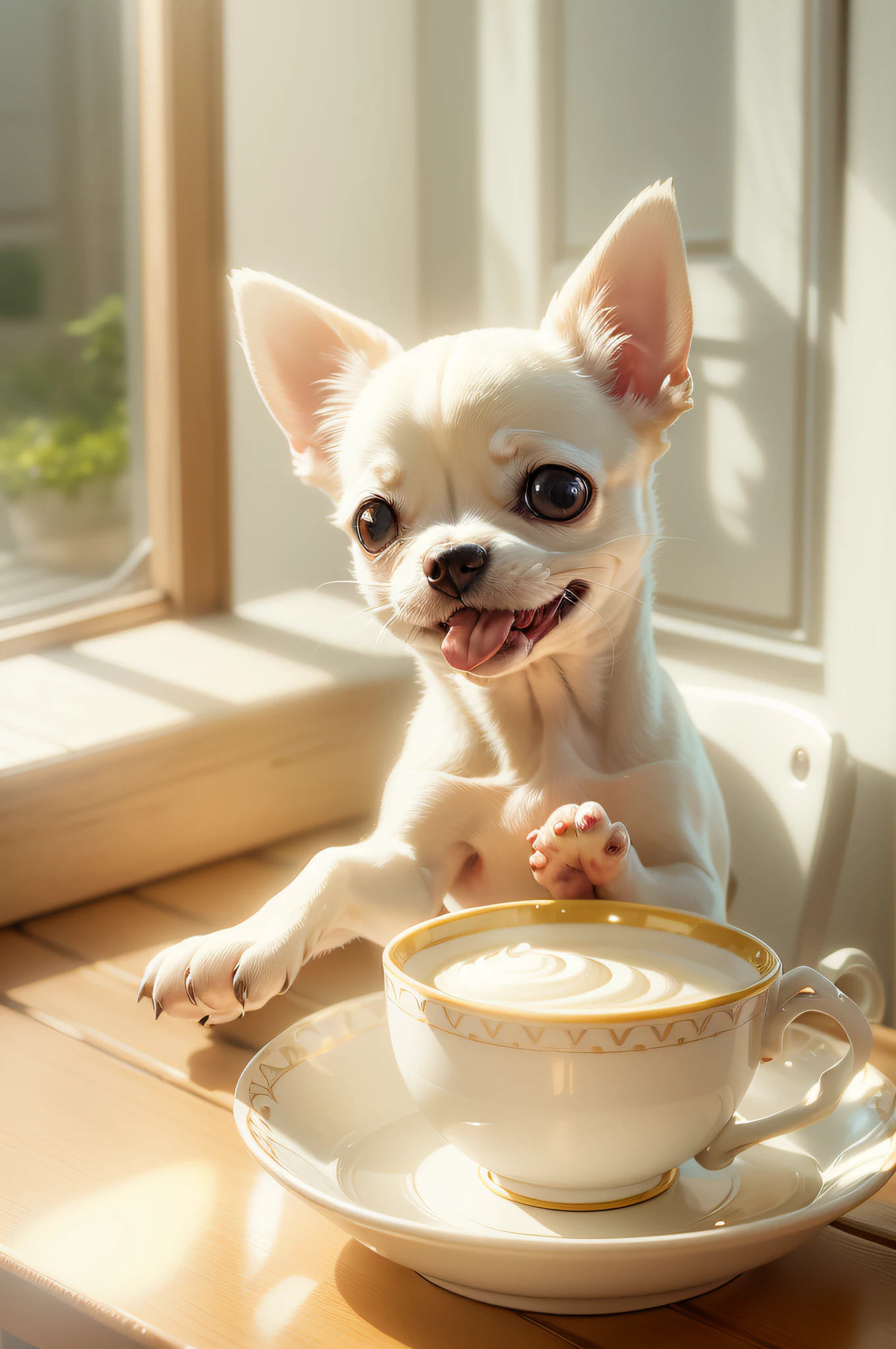 White-cream colored Chihuahua, (((small)))), in a teacup, face, tongue-sticking out front paws sticking out of teacup, 8k, professional photo, delicate, clear, on the table, in the house, sunshine, light leak, masterpiece, ((((pretty)))