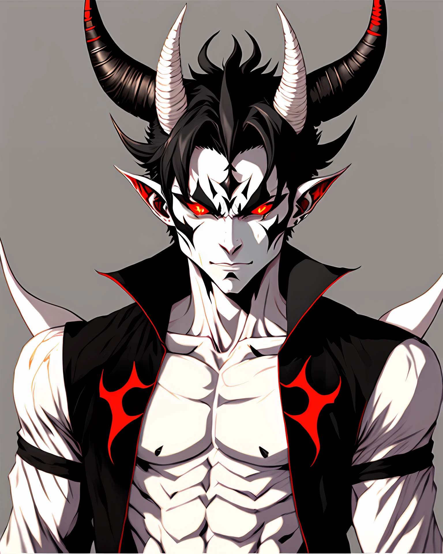a close up of a male anime character with horns and a white face, fit male demon with white horns, white horns queen demon, demon white horns, demon male, horns and red eyes, horned god, human male demon, male djinn man demon hybrid, djinn man male demon, man male demon, tiefling, demon lord, demon boy, ((black clothes))