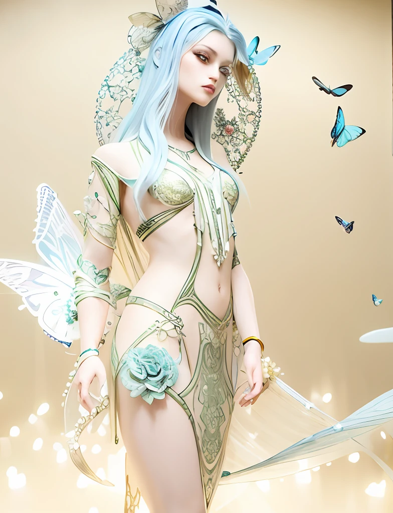 There is a woman wearing flowers woven with turquoise,In dance,Butterflies fluttered around her, beautiful face,Nice big eyes,Fair, Delicate and Smooth Skin,Accurate hands,perfect body figure,Accurate human anatomy,White space,stunning 3d render of a fairy, Ethereal beauty, Ethereal fantasy, Unexpected surprise,a stunning young ethereal figure, karol bak uhd, high fashion fantasy, fantasy. Intricate, Goddess. Extremely high detail, fantasy beautiful, ethereal details,ethereal skin,tmasterpiece,4K,professional photoshooting,