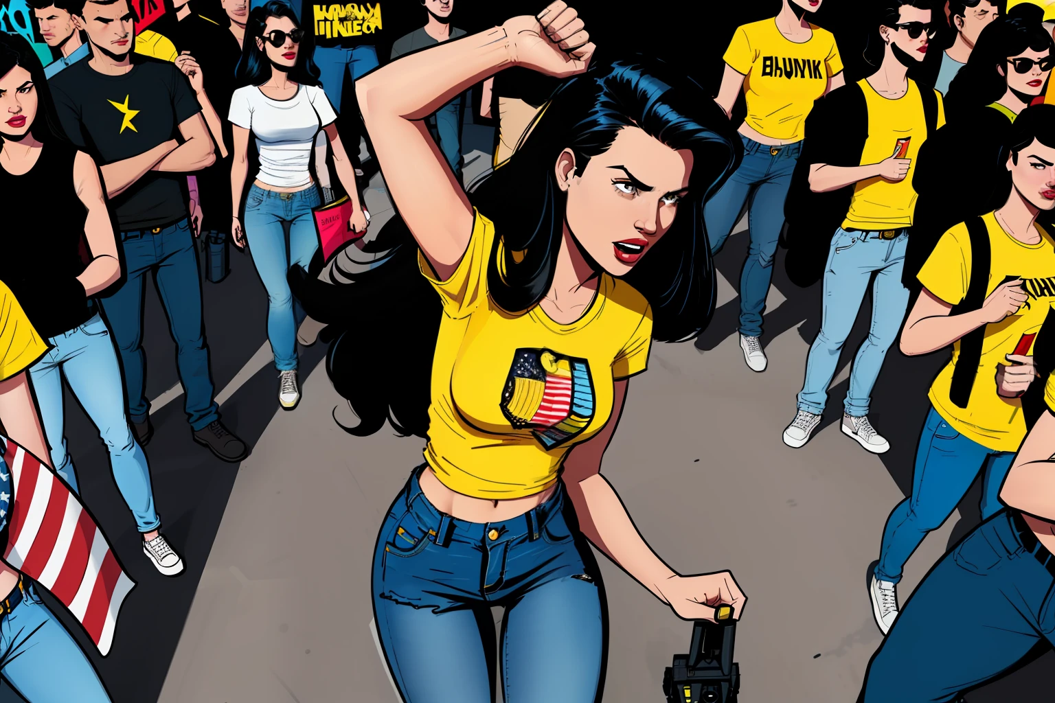 drone shot of a woman, black hair, yellow shirt, denim pants, protesting, crowd, american flags, city, daytime, comic book style, flat shaded, prominent comic book outline linework