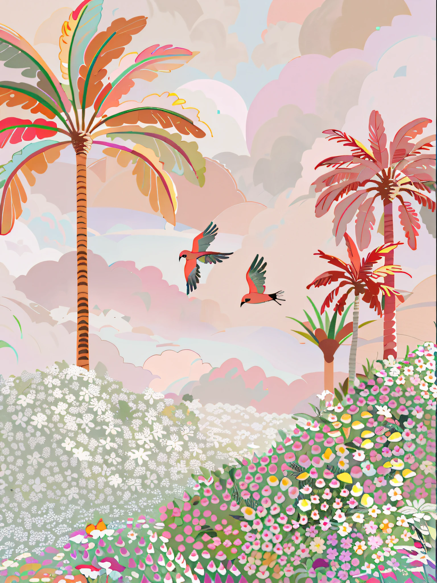 (alta qualidade), There are two birds flying over a field of flowers and trees, illustration", lush oasis, humor tropical, Directed by: Lucette Barker, Uma paisagem tropical abstrata, watercolor artwork of exotic, tropics, mythical floral hills, paisagem cor-de-rosa, aves tropicais, paisagem arejada, Directed by: Anita Malfatti, Jane Newland, Directed by: Josse Lieferinxe, dreamy illustration