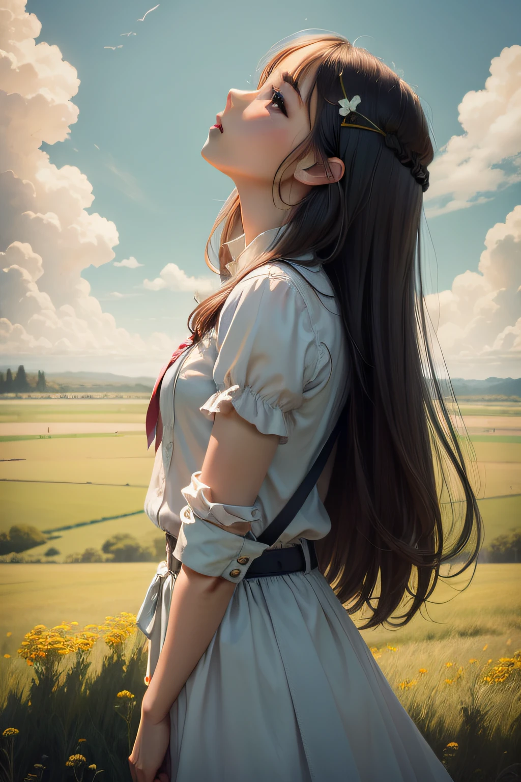 Cute beautiful girl looking up at the sky on the endless green grassland