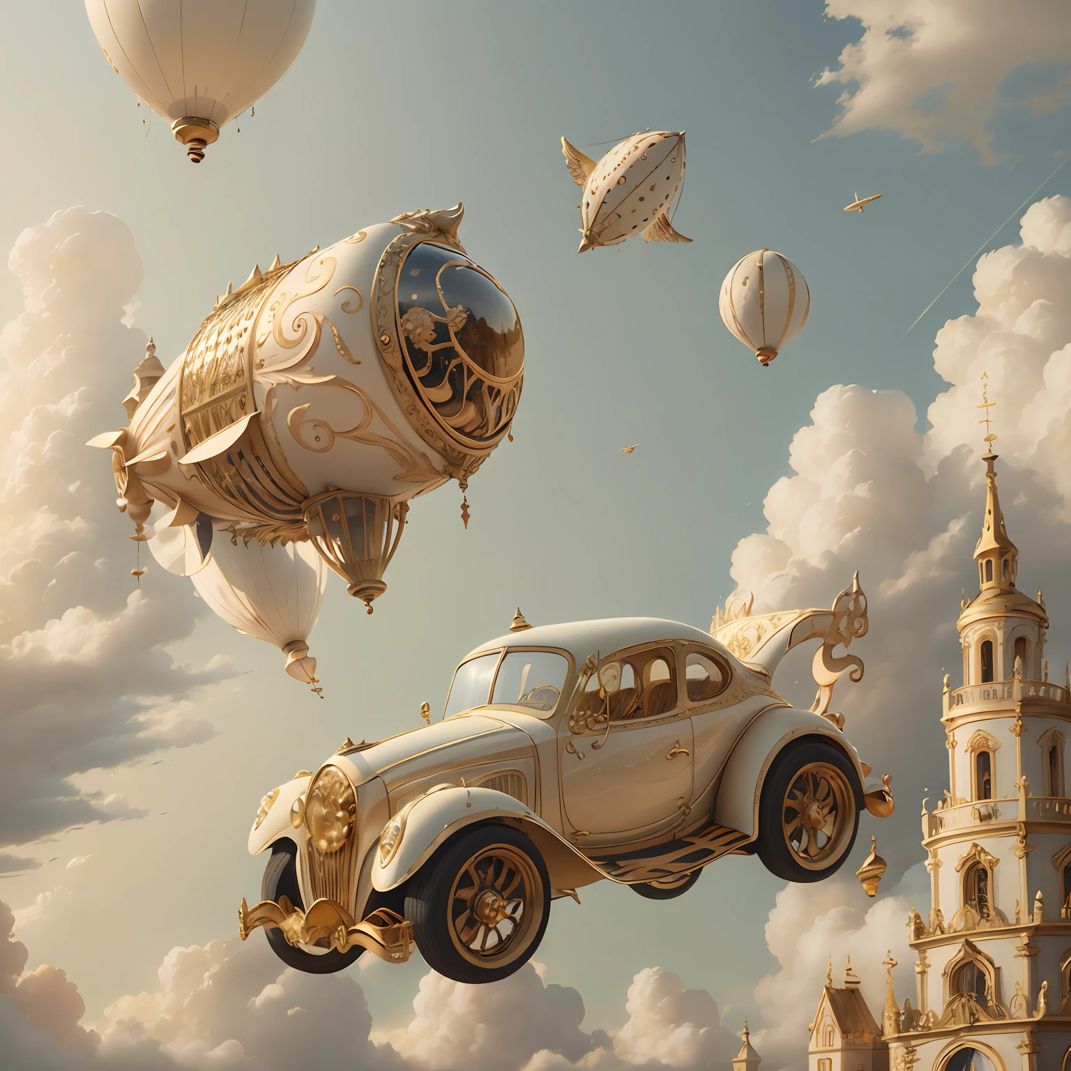 IvoryGoldAI dirigible in skies, flying, car flying in the sky, sport car ik the sky