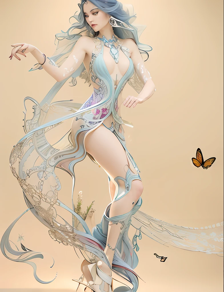 There is a woman wearing flowers woven with turquoise，In dance，Butterflies fluttered around her, beautiful  face，Nice big eyes，Fair, Delicate and Smooth Skin，Accurate hands，perfect body figure，Accurate human anatomy，White space，stunning 3d render of a fairy, Ethereal beauty, Ethereal fantasy, Unexpected surprise，a stunning young ethereal figure, karol bak uhd, high fashion fantasy, fantasy. Intricate, Goddess. Extremely high detail, fantasy beautiful, ethereal details,ethereal skin，tmasterpiece，4K,professional photoshooting，