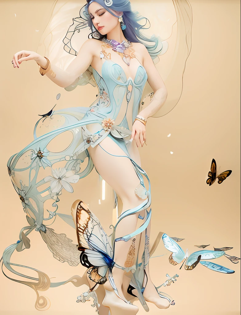 There is a woman wearing flowers woven with turquoise，In dance，Butterflies fluttered around her, beautiful  face，Nice big eyes，Fair, Delicate and Smooth Skin，Accurate hands，perfect body figure，Accurate human anatomy，White space，stunning 3d render of a fairy, Ethereal beauty, Ethereal fantasy, Unexpected surprise，a stunning young ethereal figure, karol bak uhd, high fashion fantasy, fantasy. Intricate, Goddess. Extremely high detail, fantasy beautiful, ethereal details,ethereal skin，tmasterpiece，4K,professional photoshooting，