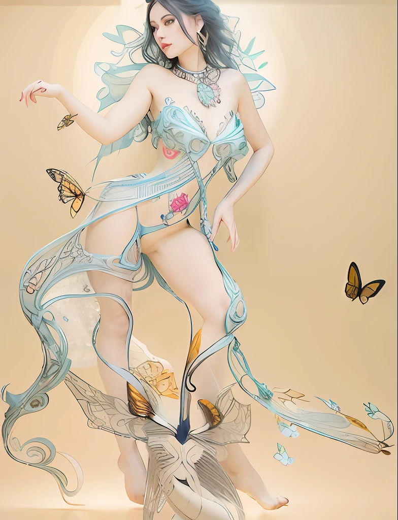 There is a woman wearing flowers woven with turquoise，In dance，Butterflies fluttered around her, beautiful  face，Nice big eyes，Fair, Delicate and Smooth Skin，Accurate hands，perfect body figure，Accurate human anatomy，White space，stunning 3d render of a fairy, Ethereal beauty, Ethereal fantasy, Unexpected surprise，a stunning young ethereal figure, karol bak uhd, high fashion fantasy, fantasy. Intricate, Goddess. Extremely high detail, fantasy beautiful, ethereal details,ethereal skin，tmasterpiece，4K,professional photoshooting，