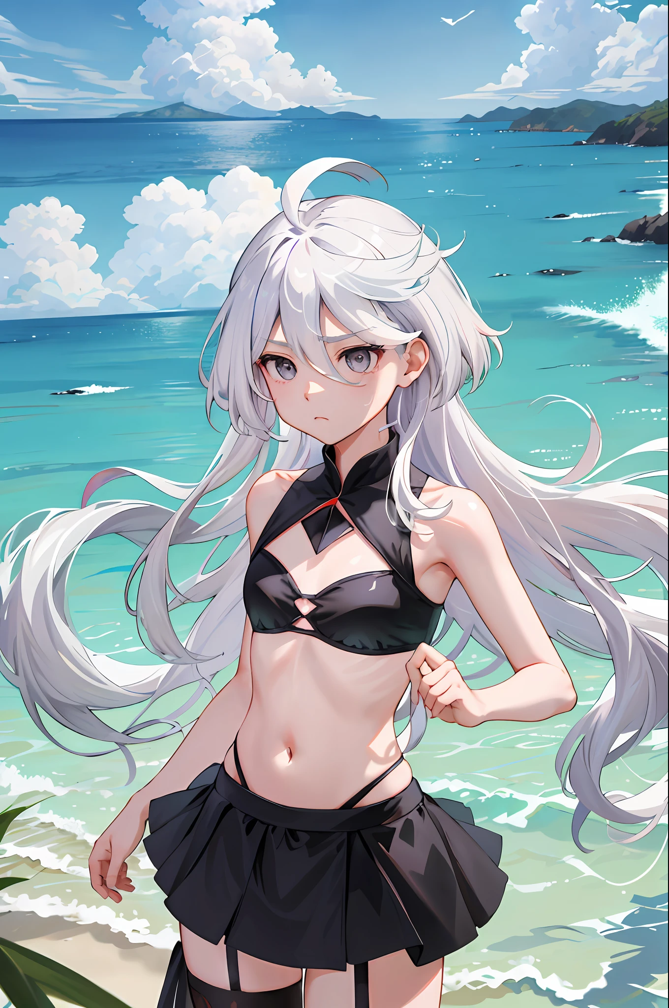 ​masterpiece、top-quality、Hi-Res、1girll、独奏、tiny chest、Long、grey  eyes、white  hair、Ahoge、bangss、hairs between eyes、Floating hair、Mare、Skysky、​​clouds、the beach、Black Bikini、wetty、perspiring、frowns、