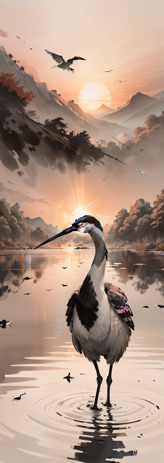 ink and watercolor painting,ink,water ink,(black, White and gray:1.5),The sunset and the solitary crane fly together,The autumn water is the same for a long time,The beauty of ancient poetry,the setting sun,Wild geese in the sky in the distance,Ancient buildings are scattered,Works of masters,super-fine,high qulity,8K分辨率
