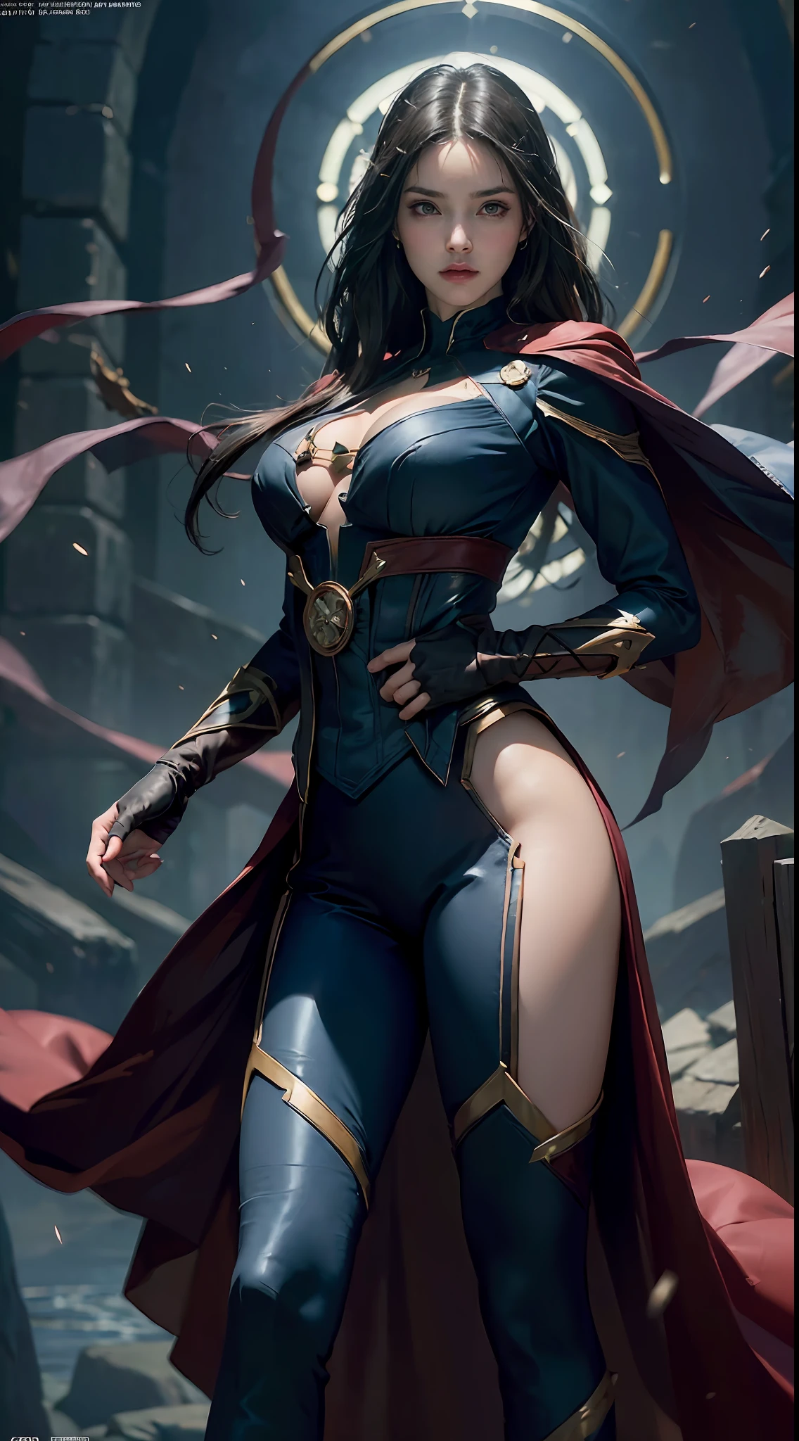 sexy woman (tetas grandes) dressed as Doctor Strange from Marvel Comics, In the fortress of loneliness, Looks cool, (ultra realistis), (illustartion), (High Resolution), (8K), (Very detailed), (Best illustration), (Best Quality), (Ultra Detailed), (Masterpiece), 独奏, (dynamicpose), dark studio