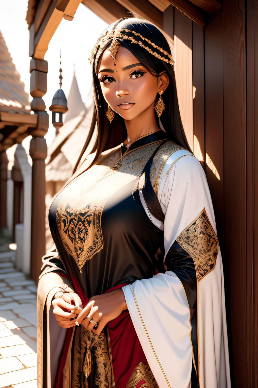 Uma mulher pele morena com um vestido medieval antigo posa para um retrato com cabelos soltos e roupas comuns, (pele latina), (morena)um medieval, vestindo roupas medievais, medieval commoner, Plebeian clothes,Estilo medieval, roupas medievais, peasant dress, roupas medievais, Traje medieval, Desgaste medieval (obra prima) (Ultra Detalhado, melhor qualidade, simetria perfeita, realista)