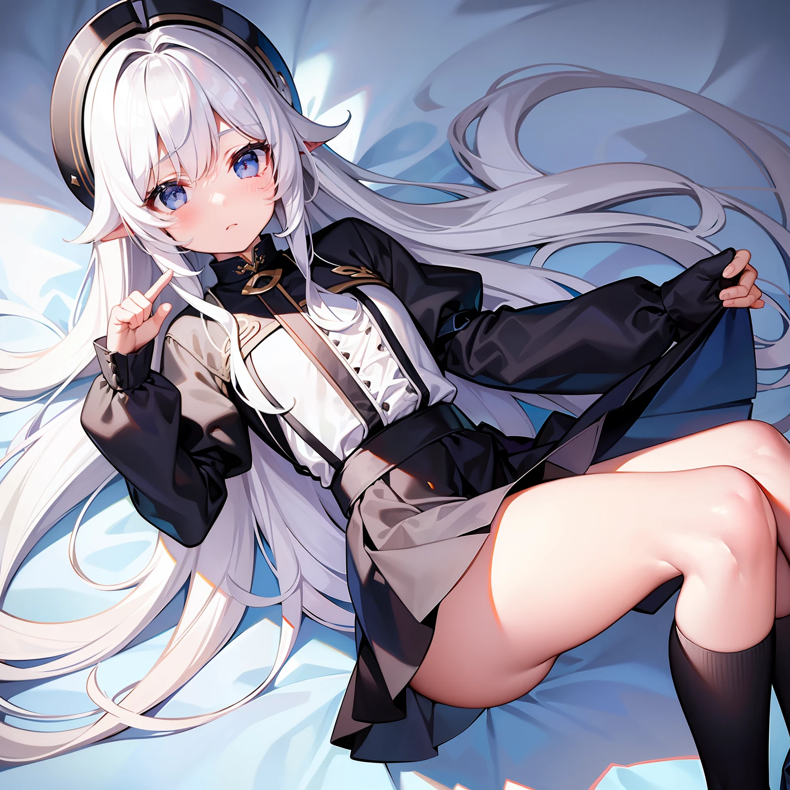 masterpiece、A cute boy、The long-haired、white hair、de pele branca、TThe shirt、Dark blue skirt、pleatedskirt、Black knee-high、white thighhig