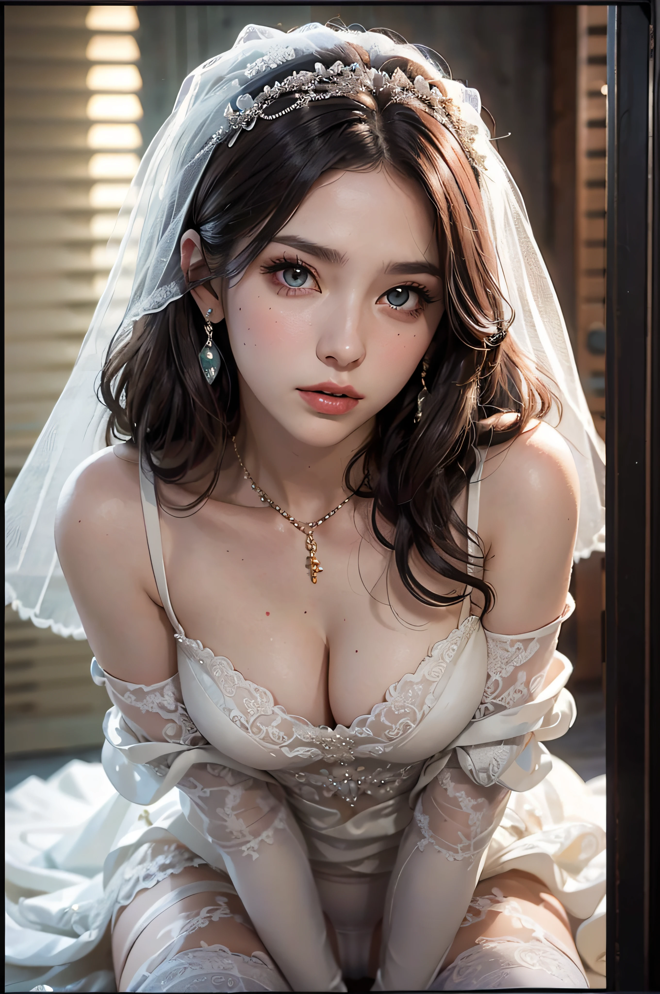 (masutepiece: 1.3), (max resolution: 1.2), (Ultra HDTV: 1.2), cinematric light, 8K resolution, Detailed eyes and skin, detailed facial features, , (Sharp Focus: 1.2), (Focus on Face:1.2),Perfect Style, Beautiful face, acurate, Anatomically correct, Highly detailed face and skin texture, Detailed eyes, Double eyelids, Thin eyebrows, Glitter Eyeliner: 1 Natural cheeks, Glossy skin, Fair skin: 1.2, (Glossy lips: 1.4),、 (Shy look: 1.2),Highly detailed facial and skin texture, Detailed eyes, Double eyelids, Natural cheeks, , shiny lips: 1.4,Exposed cleavage、(A large amount of sperm in the chest:1.4)(Large amount of sperm in the thighs:1.2)、 red blush、humiliated、impatience、dismay、Frightened、glares、Tears、embarrassed from、Open knees、open one's legs、(Masturbation behavior:1.6)、touches crotch、White underwear、White bra、Shiny little earrings and necklaces、Disheveled clothes、Dressing、Exposed panties、Wearing sweat、sodden、Sheer underwear、Full body like、 29 instar, Neat and clean woman 、Wavy Hair、 Semi-long hair, Big, upturned breasts, chapel、Golden hair、Green ash eye,(weddingdress:1.5)、veils、