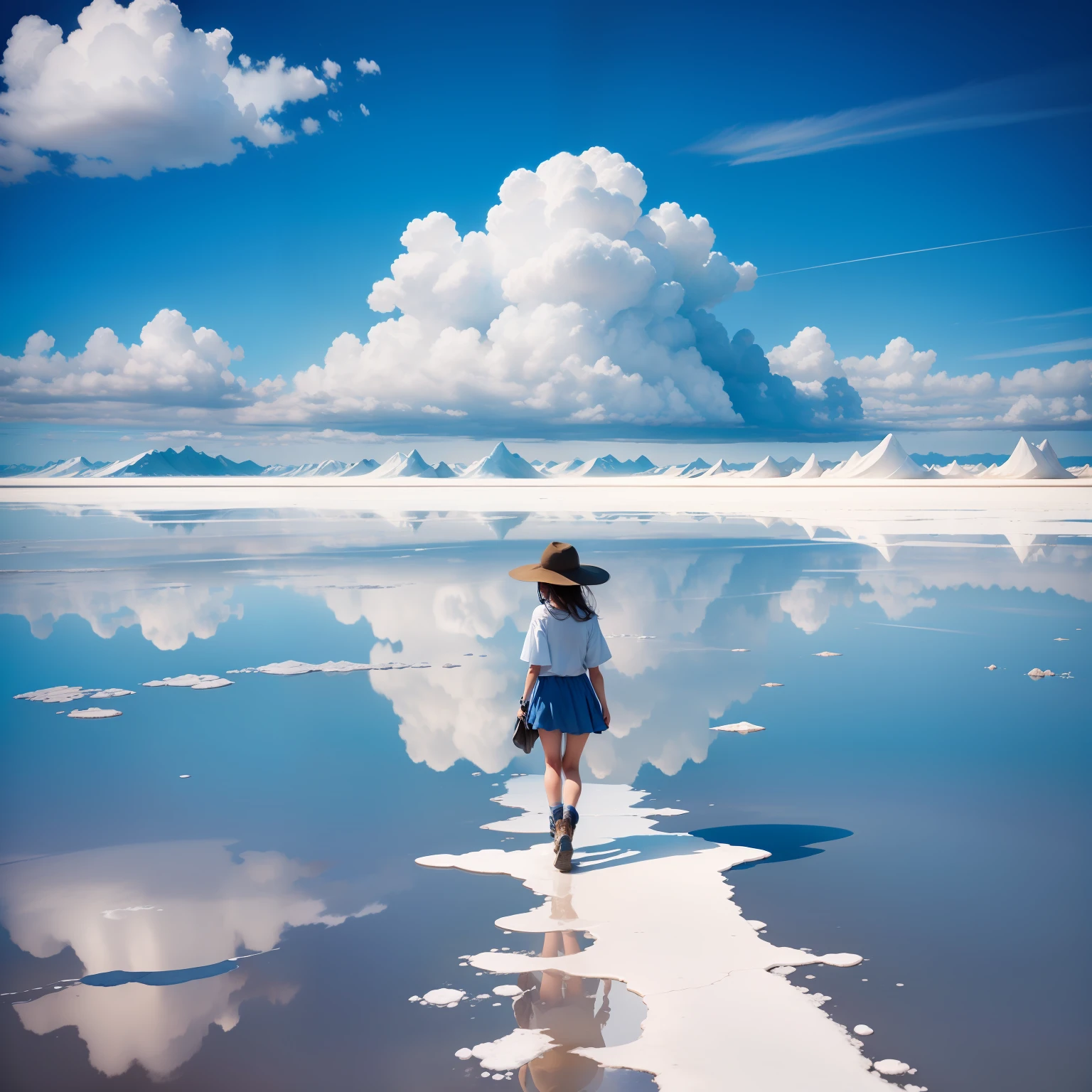 The Uyuni Salt Flat reflects the blue sky and summer clouds that stretch out in all directions. A girl walks through the middle of it, surrounded by the blue of the sky and the white of the clouds, creating a stunningly beautiful scene.There is a big rainbow vividly in the sky,