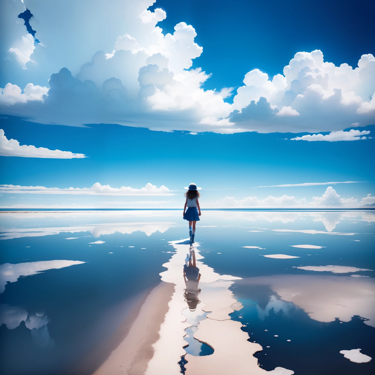 The Uyuni Salt Flat reflects the blue sky and summer clouds that stretch out in all directions. A girl walks through the middle of it, surrounded by the blue of the sky and the white of the clouds, creating a stunningly beautiful scene.There is a big rainbow vividly in the sky,
