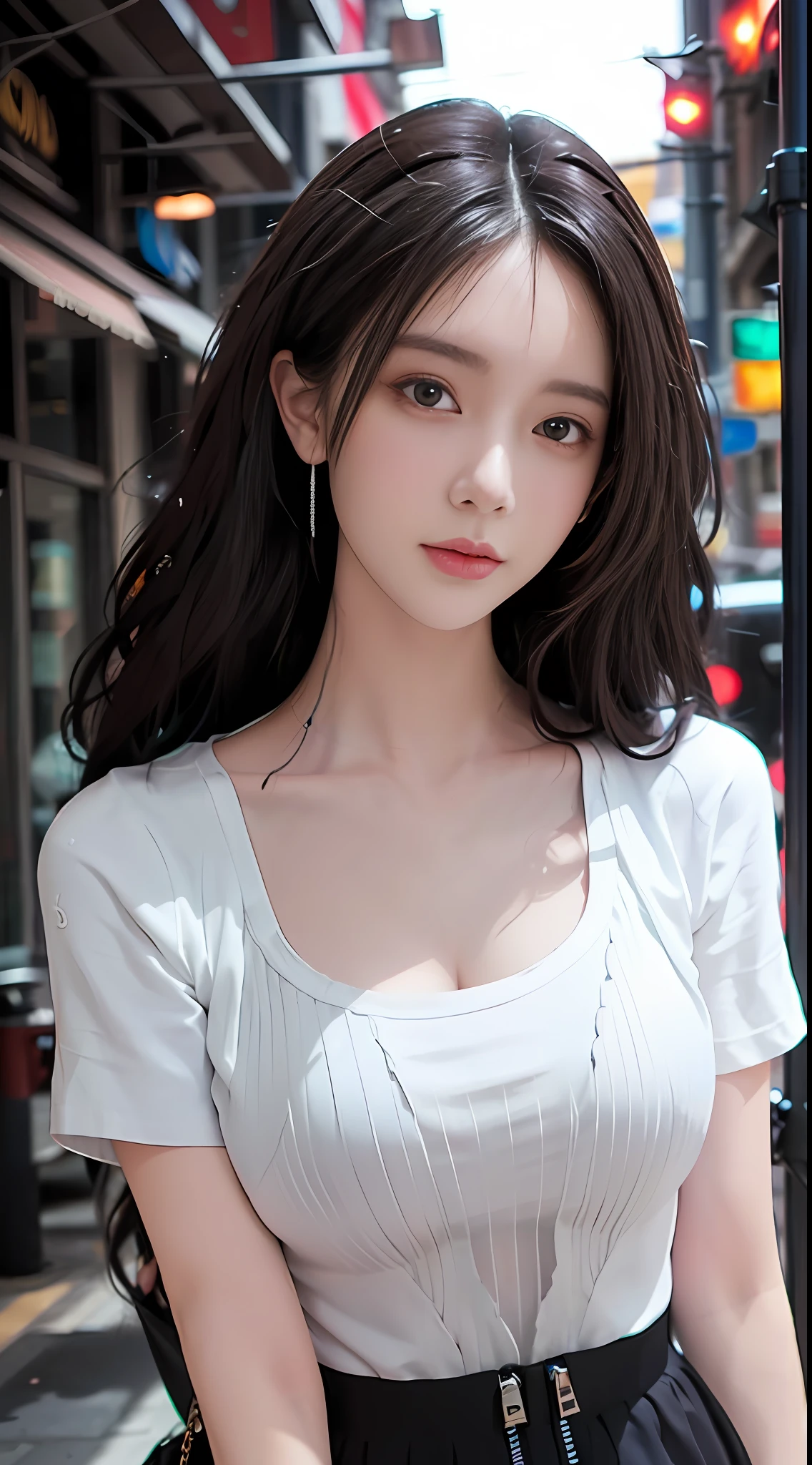 best qualtiy, tmasterpiece, 1girll, beauitful face, (photograph realistic:1.3), edge lit, (highdetailskin:1.2), 8K UHD, digital SLR camera, high high quality, A high resolution, 4k, 8k, bokeh, absurderes, Optimal proportions of four fingers and one thumb, (realisticlying:1.3), Cute girl, dressed in a white t-shirt, Attractive , Short white dress,