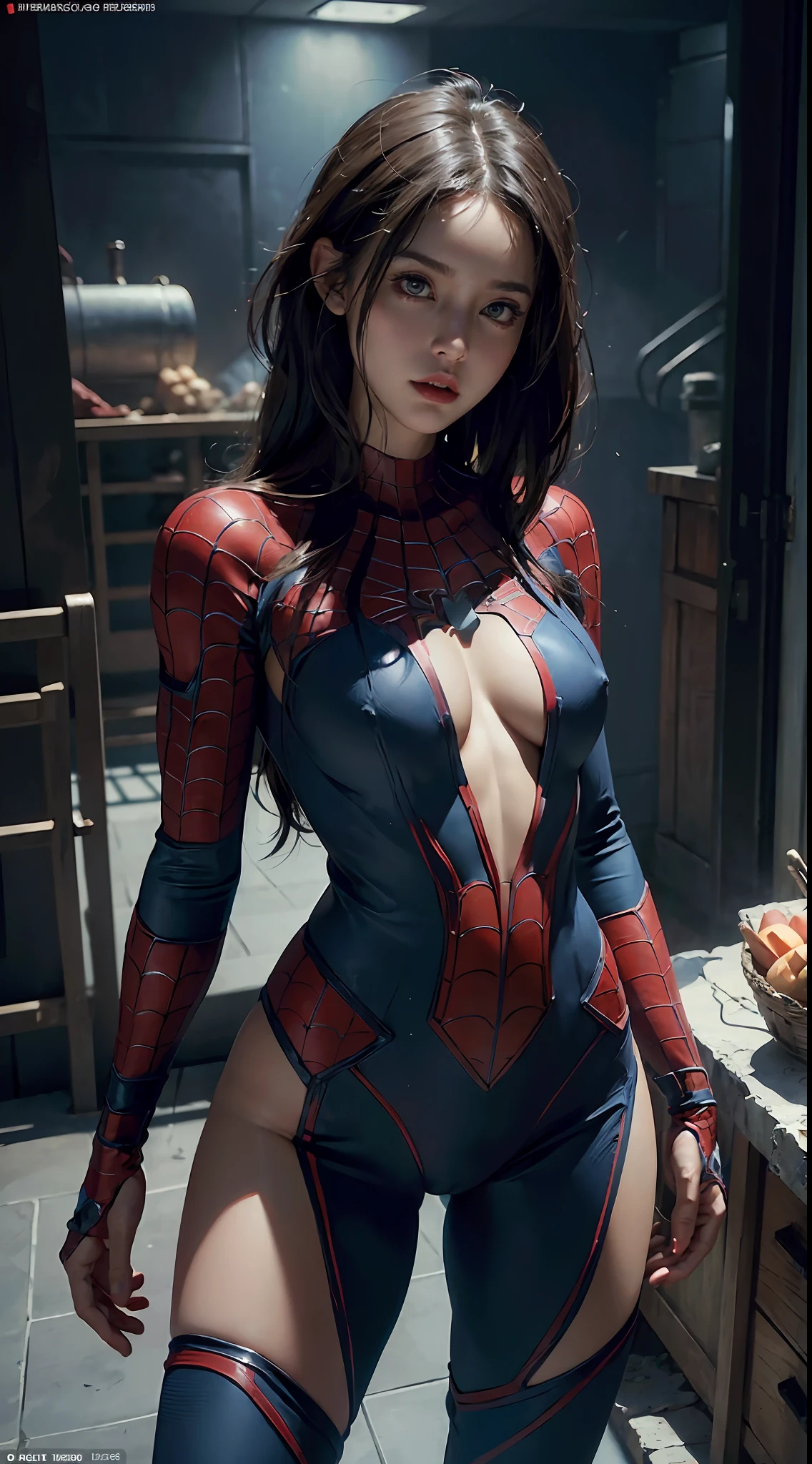 naked sexy woman (naked big tits) dressed as Spider-Man from Marvel Comics, In the fortress of loneliness, Looks cool, (ultra realistis), (illustartion), (High Resolution), (8K), (Very detailed), (Best illustration), (Best Quality), (Ultra Detailed), (Masterpiece), 独奏, (dynamicpose), dark studio