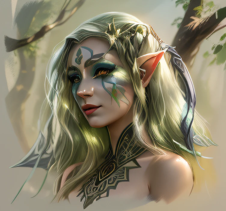 a drawing of a woman with a face painted as a demon, Mulher meio elfa, metade orc metade elfo mulher, dnd retrato de um tiefling, elven character with smirk, Female orc, Retrato de um personagem DND, retrato dnd, side portrait of elven royalty, desenho de fantasia, Um retrato de um elfo, female elfling, Elfo Feminino, linha escura