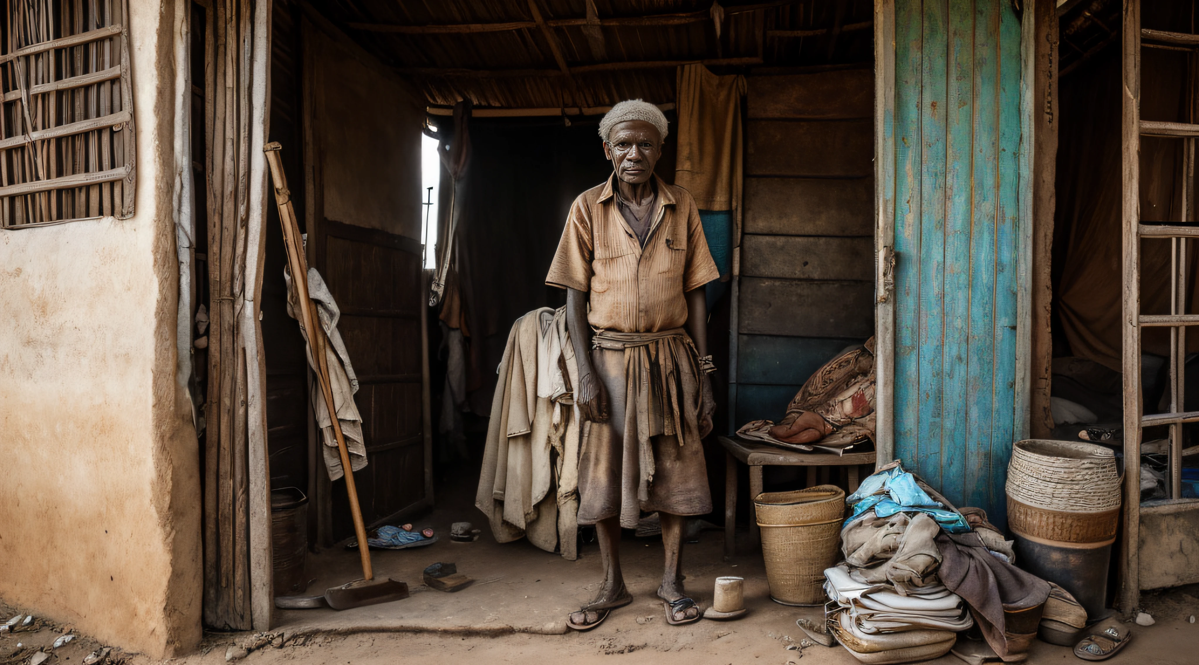 «»A poignant photorealistic image of an elderly member of an African tribe, dressed in dirty and torn clothing, living in extreme poverty, standing outside his cluttered and dirty home, holding onto crutches for support«», Photograph, Impoverished Living Conditions, Artistic Inspiration from Jimmy Nelson's ethnographic photography, Camera: Full Frame DSLR, Shot: Full Body, Rendered in high-resolution 4K for lifelike detail. The elderly man's disheveled appearance and worn-out clothing reflect the harsh living conditions he endures in poverty. His crutches symbolize his struggle and perseverance in the face of adversity. The cluttered and dirty surroundings of his home emphasize the challenging circumstances he faces daily. The lens used is a 35mm lens, capturing the authenticity and emotions of the elderly man's life. The lighting is soft and diffused, with natural light from the African sun creating a sense of warmth and sincerity. The image aims to raise awareness and empathy towards the plight of elderly members of African tribes living in poverty with physical challenges. This prompt focuses on photorealism, drawing inspiration from Jimmy Nelson's ethically sensitive and compelling ethnographic photography.