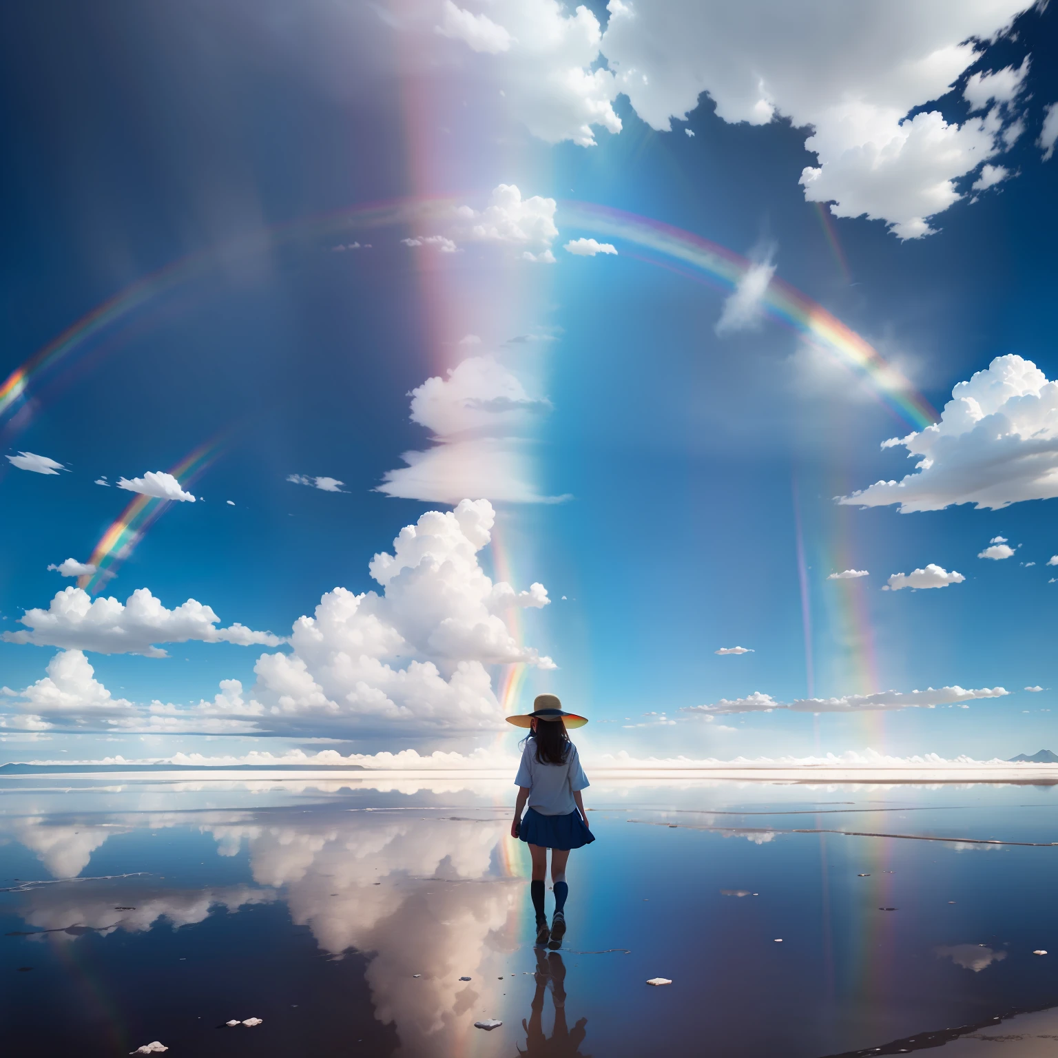 Uyuni Salt Flat、Reflects the blue sky and summer clouds spreading in all directions. A girl walks in the middle of it, Surrounded by the blue of the sky and the white of the clouds, Create stunningly beautiful scenes.(((There is a big rainbow vividly in the sky)))