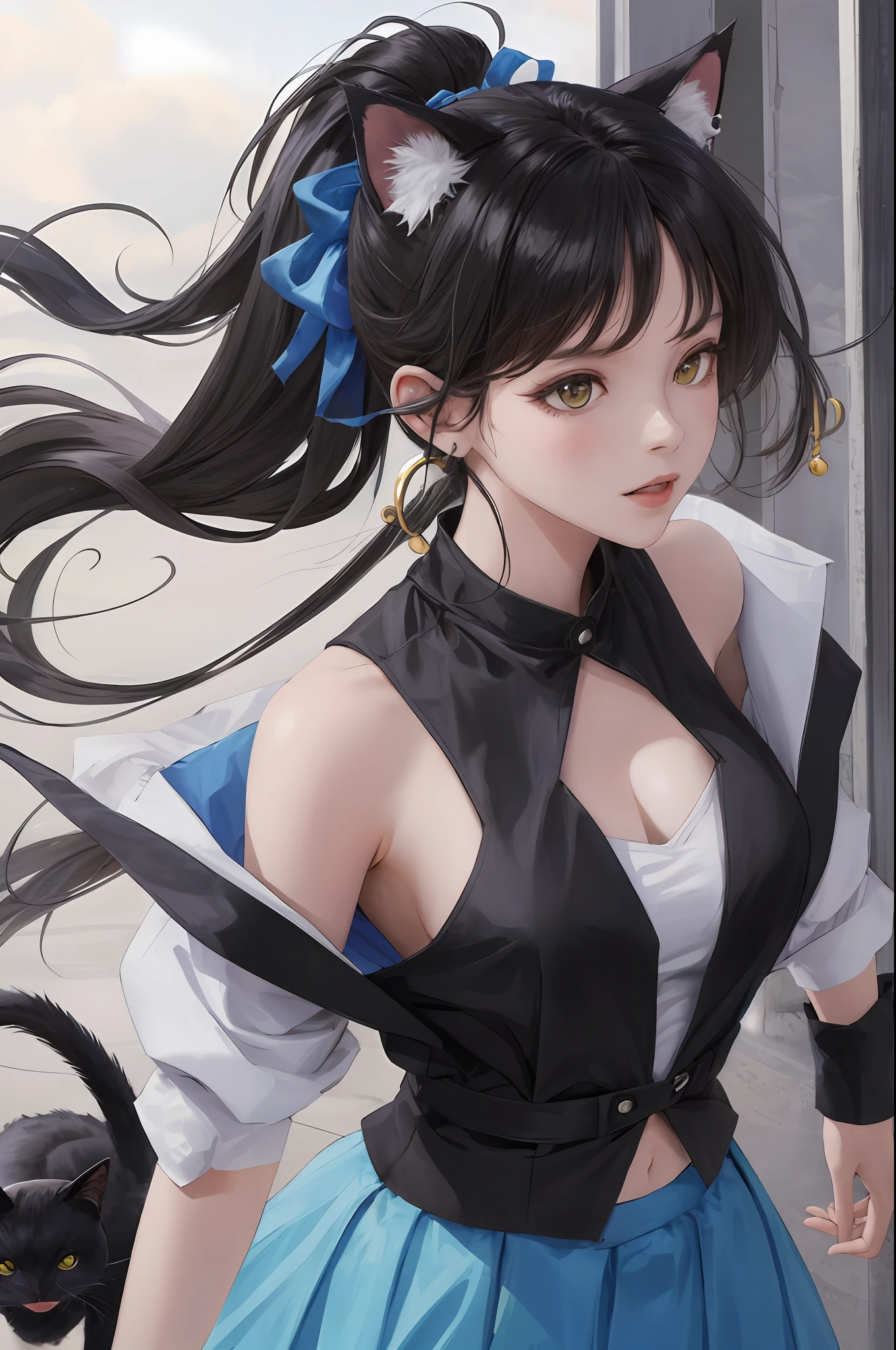 Animal ears, black cat lady, black hair, blue gradient double ponytail, wearing a slip skirt, bells out of the ears, a black coat outside, and dull hairs on the head