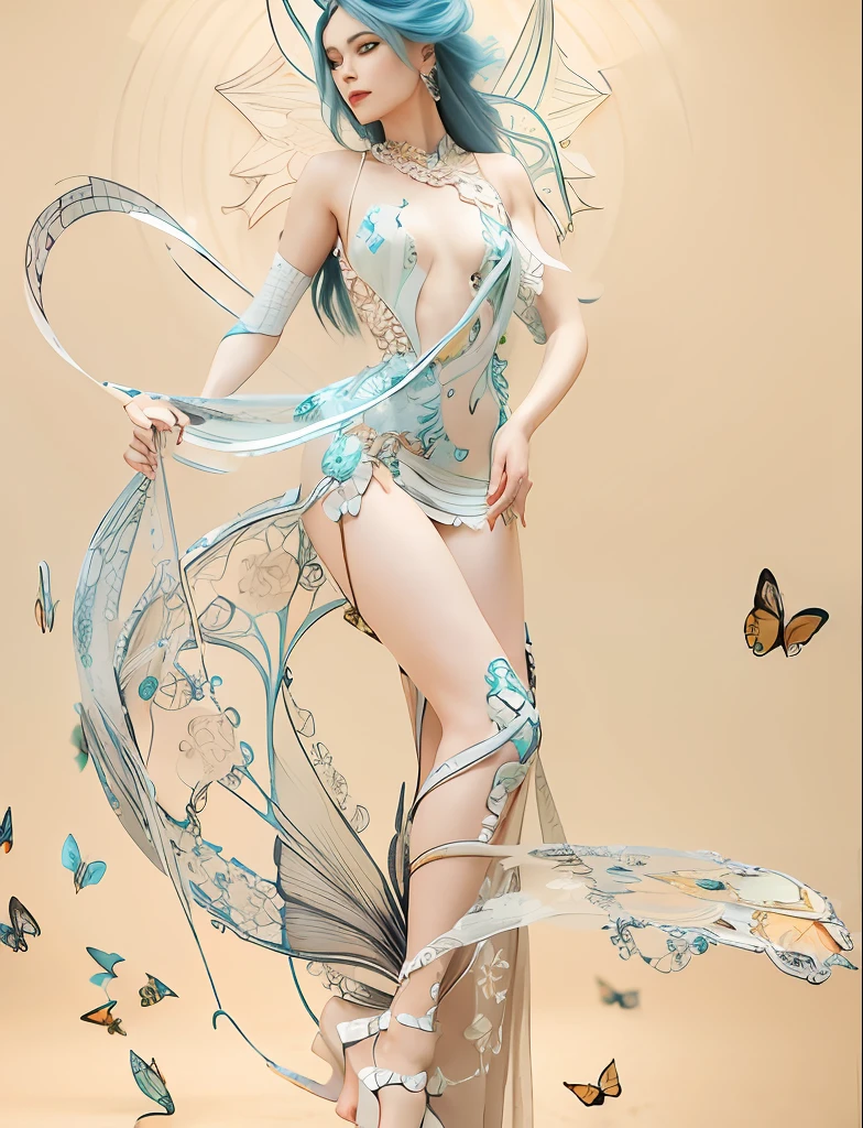 There is a woman wearing flowers woven with turquoise,In dance,Butterflies fluttered around her, beautiful face,Nice big eyes,Fair, Delicate and Smooth Skin,Accurate hands,perfect body figure,Accurate human anatomy,White space,stunning 3d render of a fairy, Ethereal beauty, Ethereal fantasy, Unexpected surprise,a stunning young ethereal figure, karol bak uhd, high fashion fantasy, fantasy. Intricate, Goddess. Extremely high detail, fantasy beautiful, ethereal details,ethereal skin,tmasterpiece,4K,professional photoshooting,