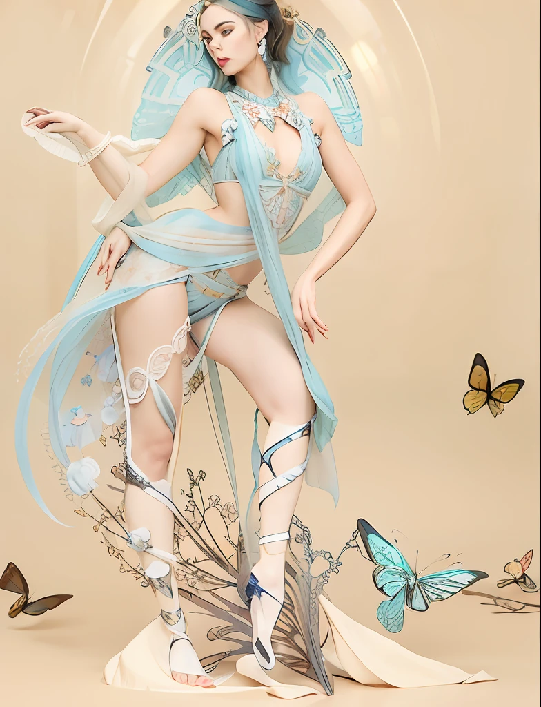There is a woman wearing flowers woven with turquoise,In dance,Butterflies fluttered around her, beautiful face,Nice big eyes,Fair, Delicate and Smooth Skin,Accurate hands,perfect body figure,Accurate human anatomy,White space,stunning 3d render of a fairy, Ethereal beauty, Ethereal fantasy, Unexpected surprise,a stunning young ethereal figure, karol bak uhd, high fashion fantasy, fantasy. Intricate, Goddess. Extremely high detail, fantasy beautiful, ethereal details,ethereal skin,tmasterpiece,4K,professional photoshooting,