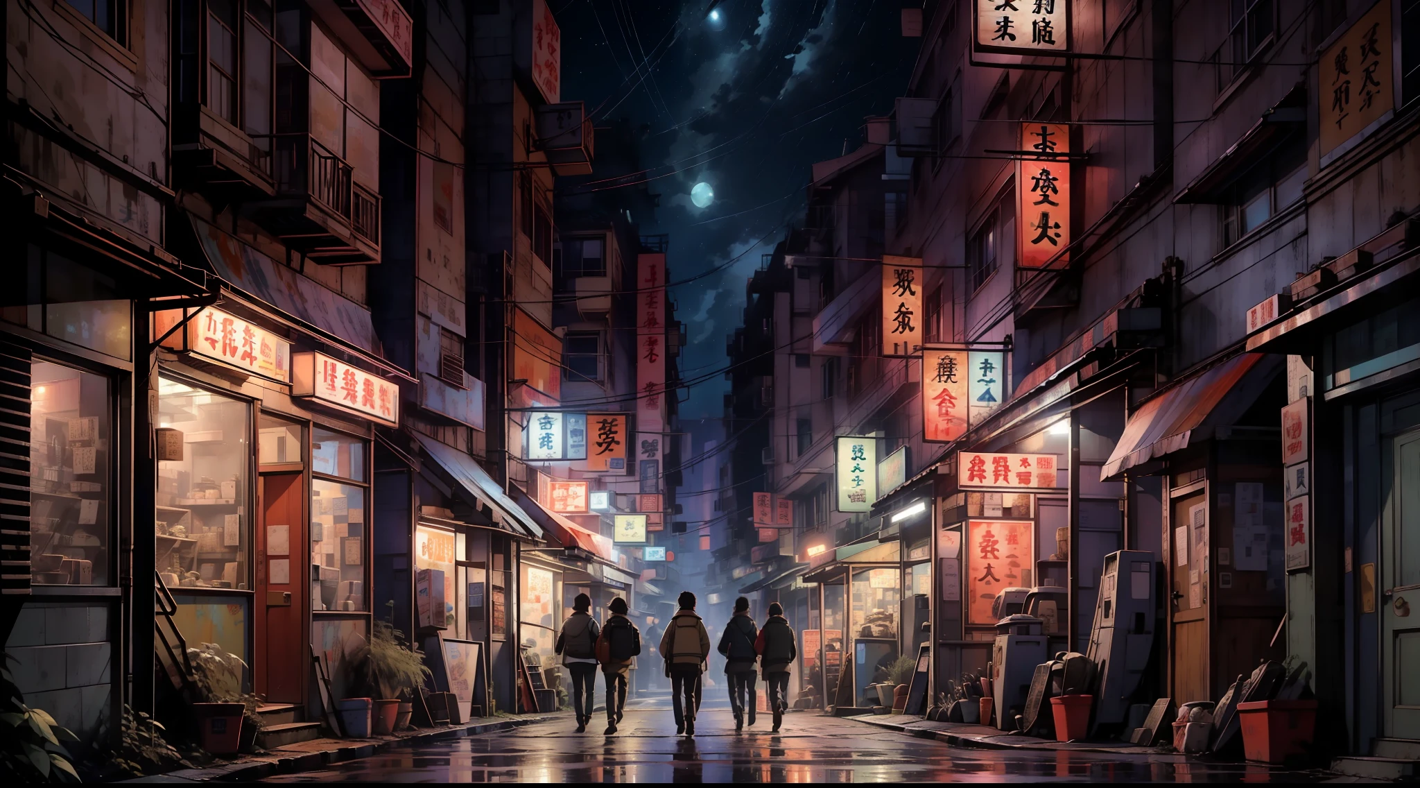 Nostalgic digital paintings inspired by the fascinating world of Studio Ghibli。The artwork is、It depicts a charming small-town street at night、It exudes a sense of tranquility and wonder。The scene is、Set in movie moments reminiscent of scenes from Ghibli movies。In the composition、People are walking on the streets of the town。a person々The world around is beautifully detailed and、Captures the essence of the nostalgic atmosphere。The sky above is decorated with breathtaking star displays、Evokes a wistful sense of reminiscence that resonates with viewers of all ages。