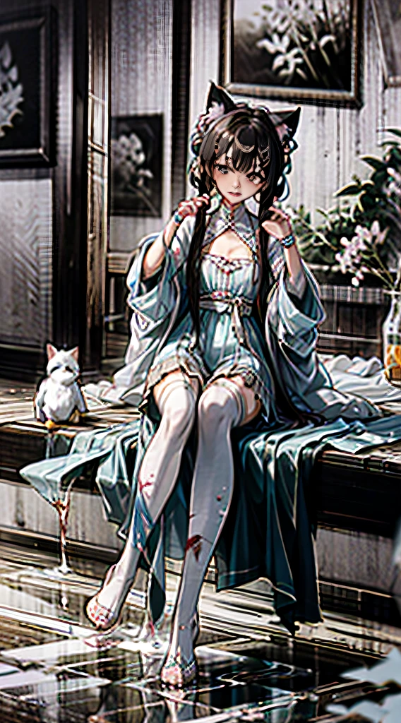 Highest image quality，HighestQuali，HDR, UHD, 8K，Full body like，Lori huge breasts cleavage，soio，adolable，It's heart-wrenching，Over-the-knee white stockings，Hair creamy white with light blue gradient，Hair is light blue to less，Eyes with purple and pink gradients，The skin is delicate, hydrated and cute，small-nose，Small chest，short  skirt，Cat lady，duck sitting，Towards us，Hands up to me，Ten fingers spread，Ten fingers are buckled inside，cat ear，White clothes are worn inside，Pink coat，The right leg has a dark blue leg ring，long whitr hair，The hairpin of the cat's head，Dull hair，sit on a bed，Pure powder on the walls，Floor-to-ceiling windows at the back，Floor birch，Lilac blanket，Step on the blanket，Cherry blossom trees outside the window，Sakura blossoms，blue-sky，baiyun，Be red in the face，is shy，A little scared，White viscous liquid on the edge of the blanket，A little bit of blood on the side of the foot，White liquid，White pulp，latte，The white liquid seeps into the floor，A small flesh tentacle on the floor was stained with a white viscous liquid，Splash white liquid，crystal-clear，Flowing liquids，Transparent white liquid