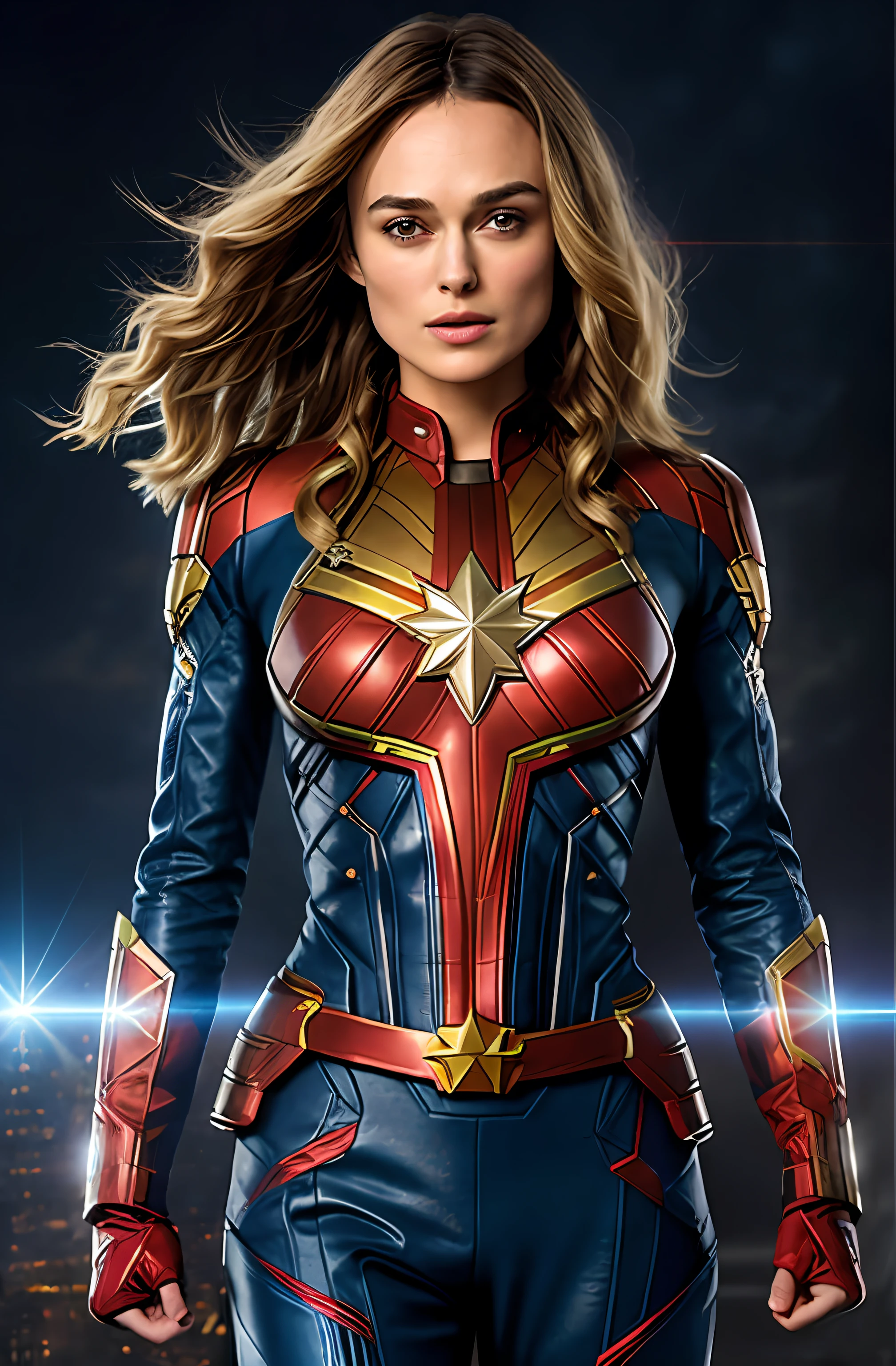 Best quality, highly detailed, High eyes clarity,Face of keira knightley, Keira Knightley as captain mervel, blonde hair, medium hair, full body portrait, wearing captain marvel outfit, sexy, cleavage, breasts showing