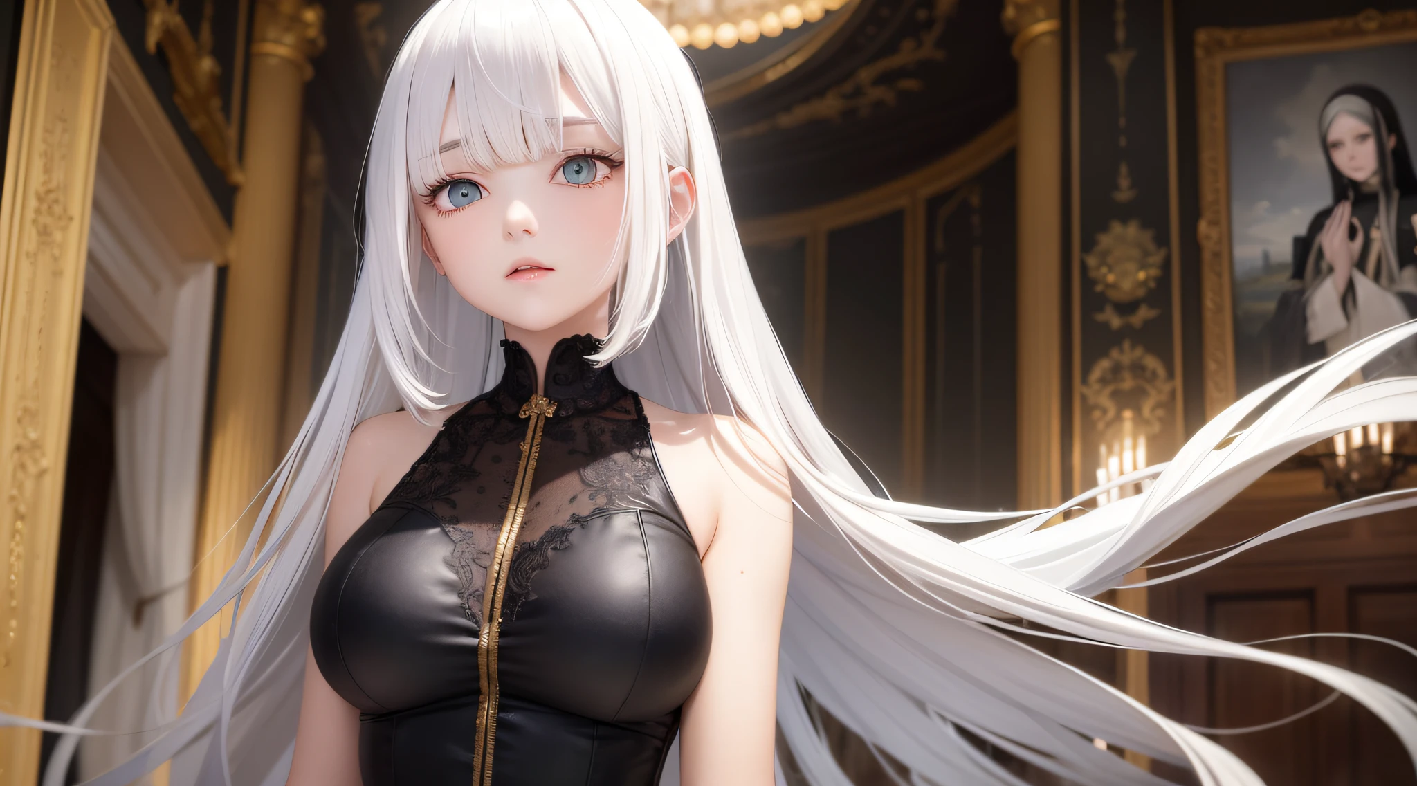 White hair, black clothes, golden eyes, superb masterpiece, upper body, looking up