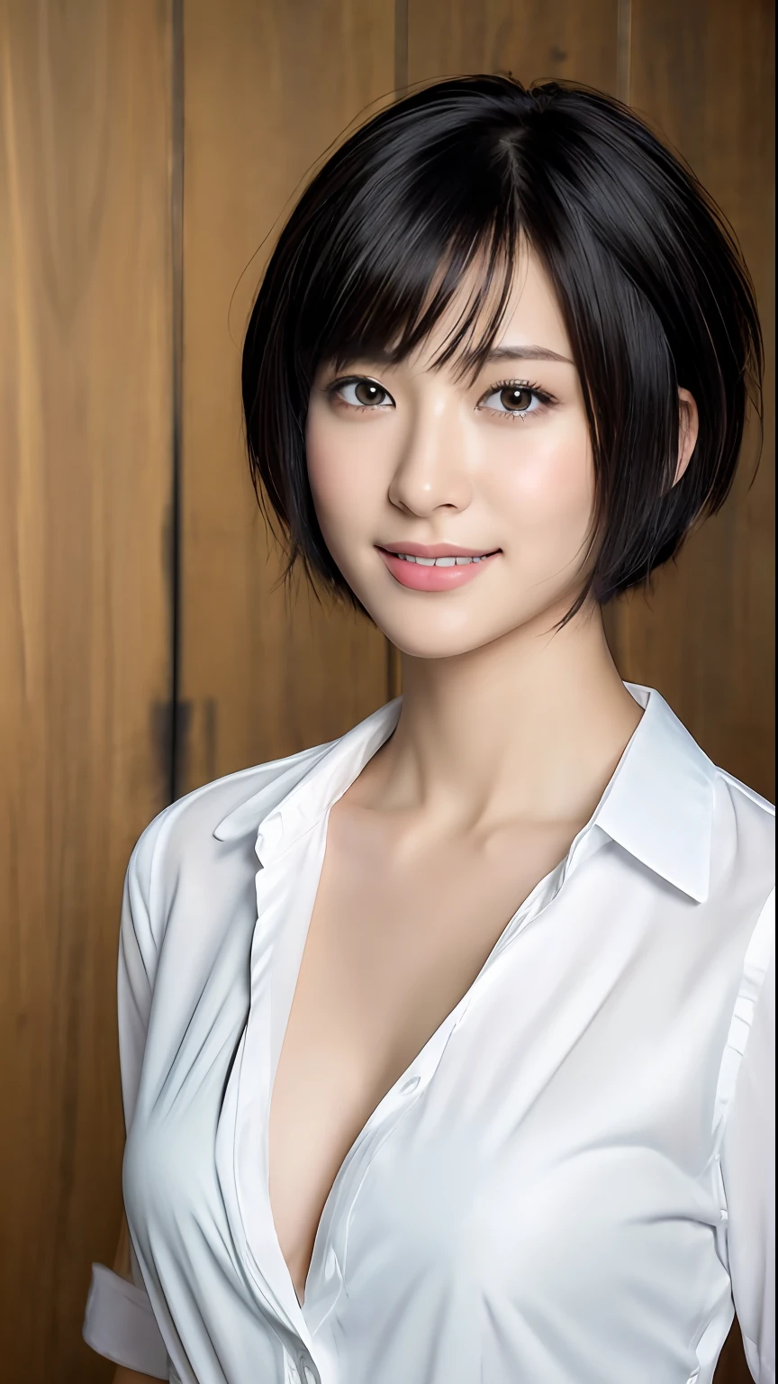 (masterpiece:1.3), (8k, photorealistic, RAW photo, best quality: 1.4), japanese, (1girl), beautiful face, (realistic face), (black hair, short hair:1.3), beautiful hairstyle, realistic eyes, beautiful detailed eyes, (realistic skin), beautiful skin, attractive, ultra high res, ultra realistic, highly detailed, golden ratio, detaled face,looking at viewer,smile,open white shirt,medium breasts,standing,hand on hip
