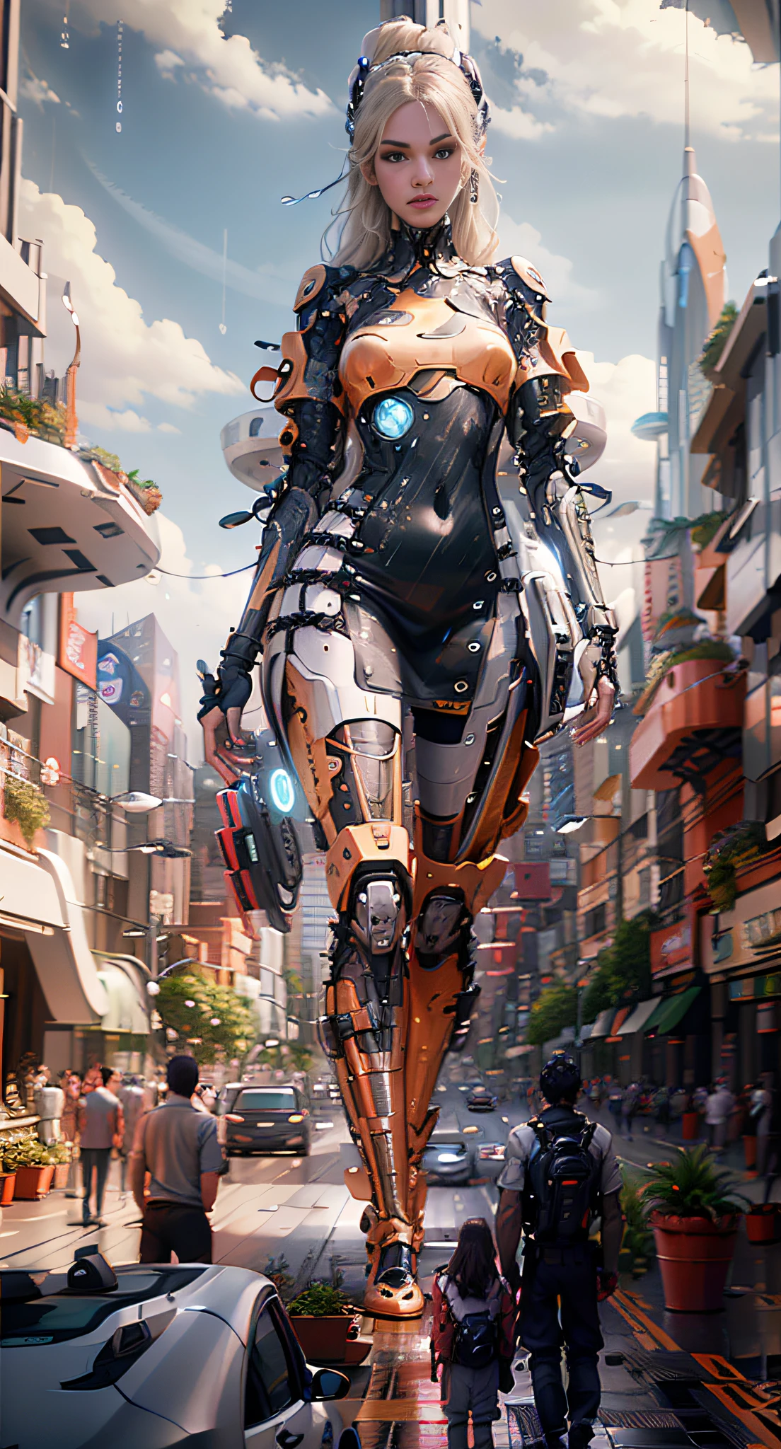 walking down a city street, futurecity, rain, night, architecture, The street is lined with tall buildings, creating a futuristic atmosphere. robots and future cars, adding to the lively scene.