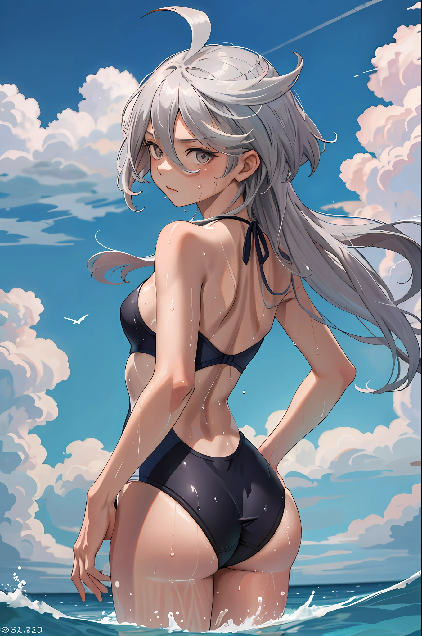 masterpiece, top quality, high resolution, 1 girl, solo, small tits, long hair, gray eyes, gray hair, ahoge, bangs, hair between eyes, floating hair, one piece swimsuit, small tits, wet, poolside, from behind, ass, swimsuit without back, wet, sweat,