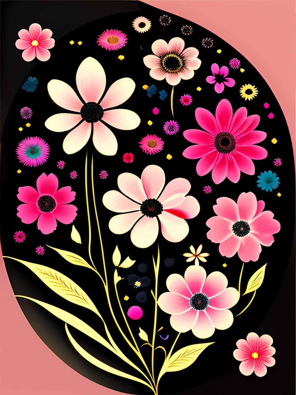 Various flowers on black background,florals,Inspired by Kinuko,Brilliant colors,high detal