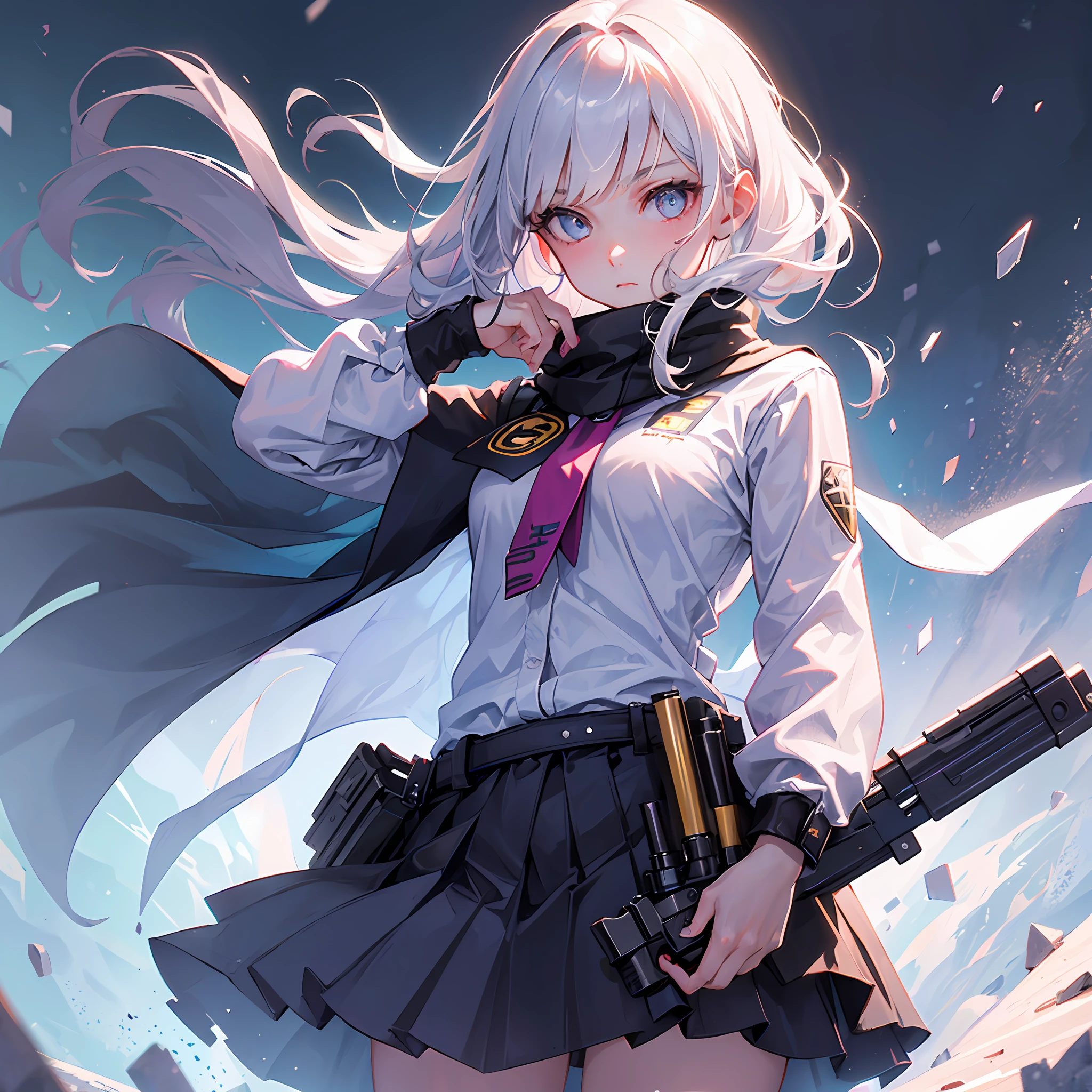 (1girl:1.3), holding a gun, pistol, Hold the Glock17 diagonally in front of the chest, Hold the barrel with your left hand, The fingers of the right hand are on the trigger