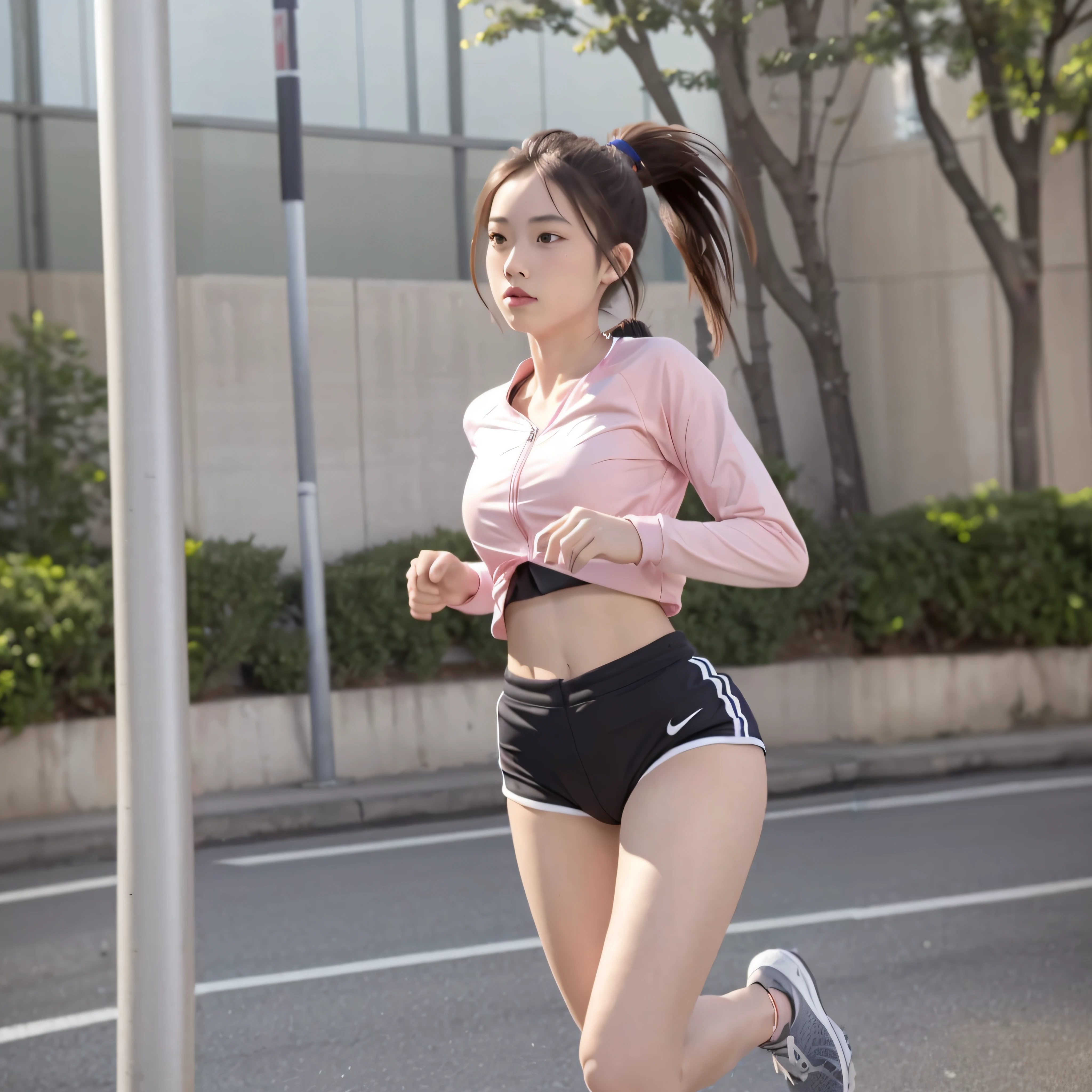 Woman running down the street in pink shirt and black shorts, Korean Girl, girl is running, running pose, Sporty, Sporty physique, cute sportswear, the anime girl is running, Girl Running, In shorts, fit girl, Correr libremente, Gorgeous young Korean woman, Wearing tight simple clothes, Korean Woman, beautiful Korean women, athletic bodies