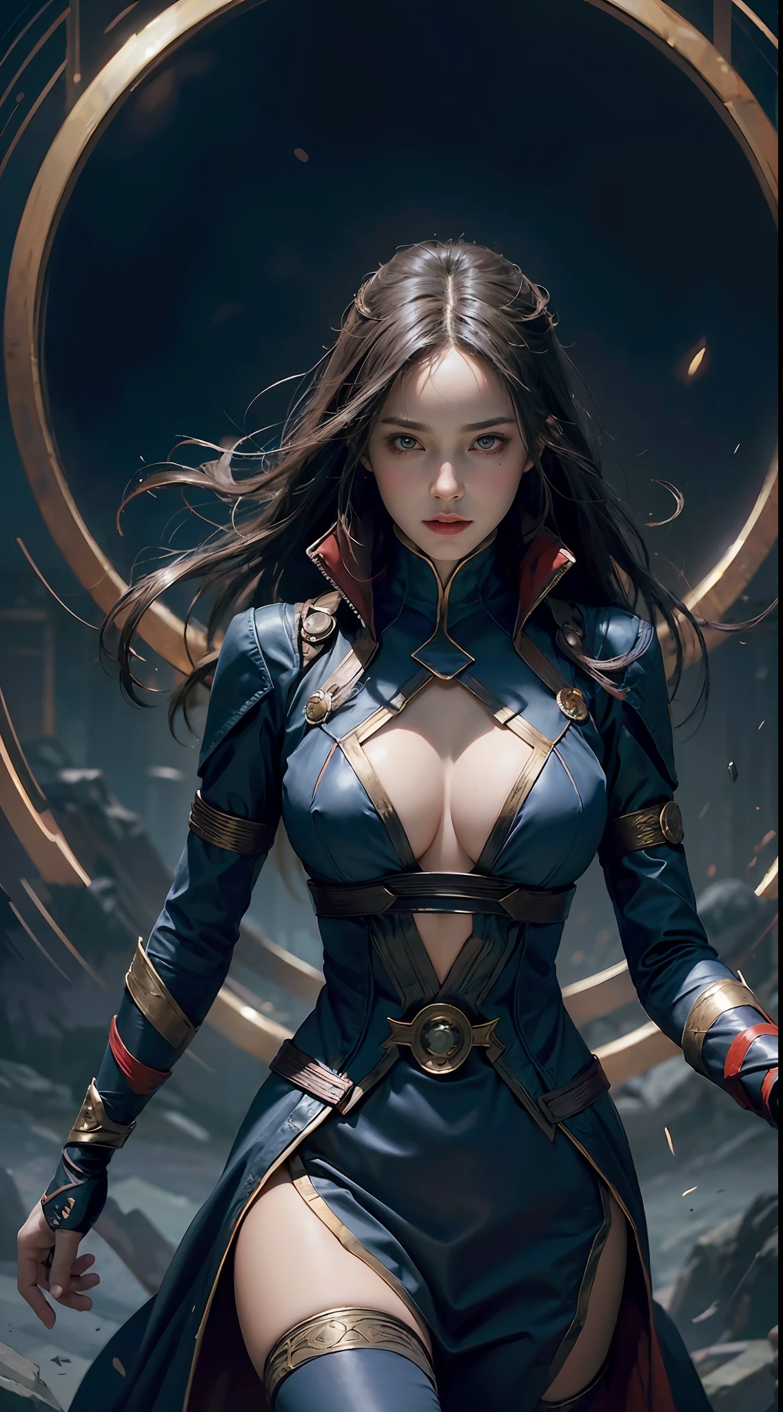 sexy woman, dressed as Doctor Strange from Marvel Comics, In the fortress of loneliness, Looks cool, (ultra realistis), (illustartion), (High Resolution), (8K), (Very detailed), (Best illustration), (Best Quality), (Ultra Detailed), (Masterpiece), 独奏, (dynamicpose), dark studio